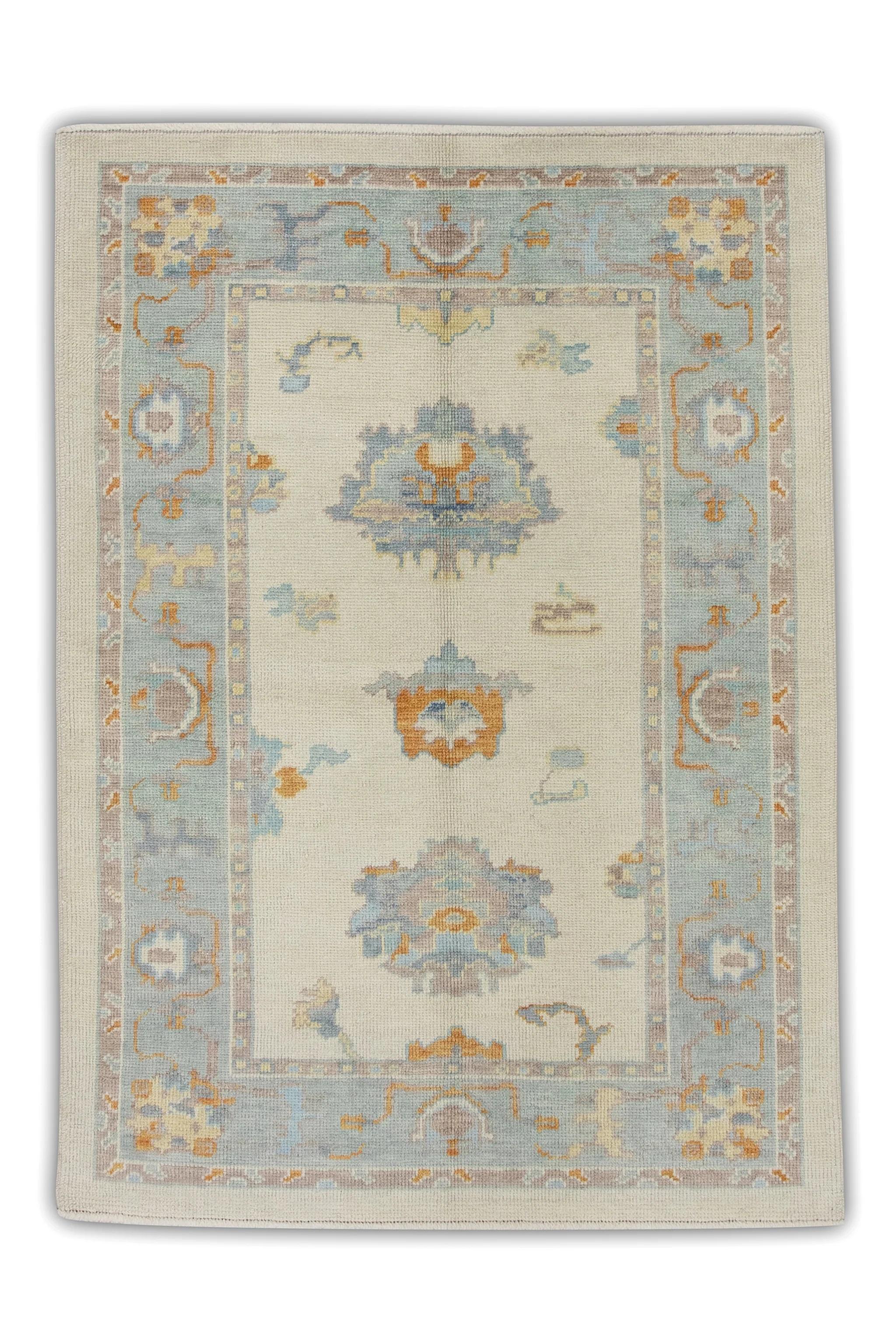 XXIe siècle et contemporain Tapis turc Oushak bleu, ivoire et orange tissé à la main 4'2