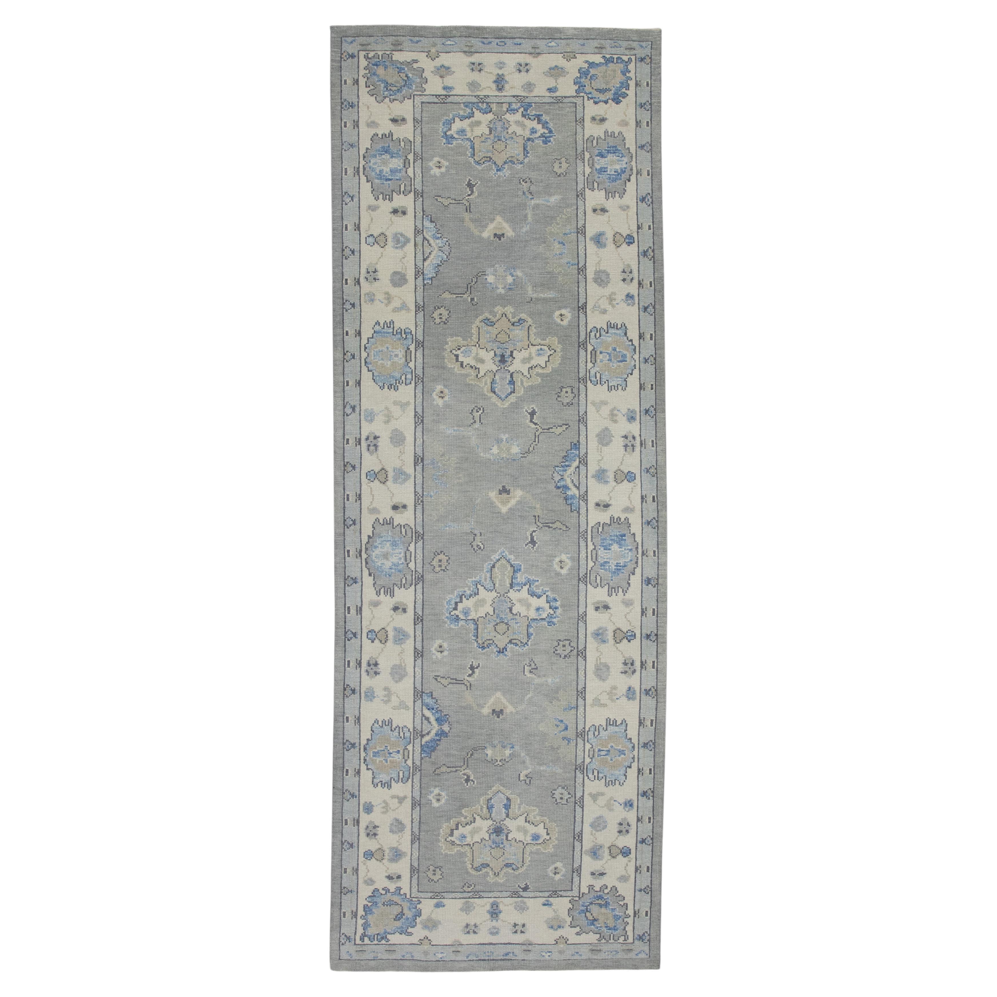 Turkish Oushak Rug Blue Ivory Sage Beige Handwoven Wool Rug 4
 x 11
4" For Sale