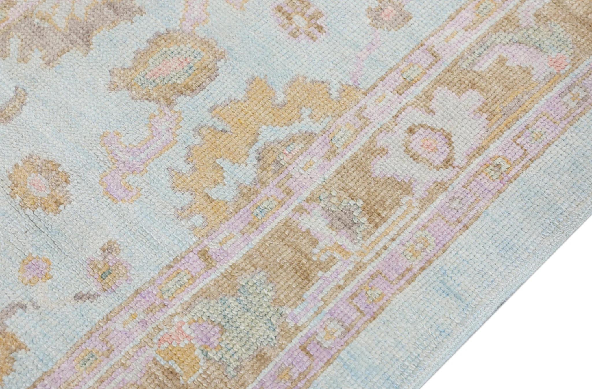 Turc Tapis turc Oushak bleu et pêche motif floral tissé à la main 3' x 6'3