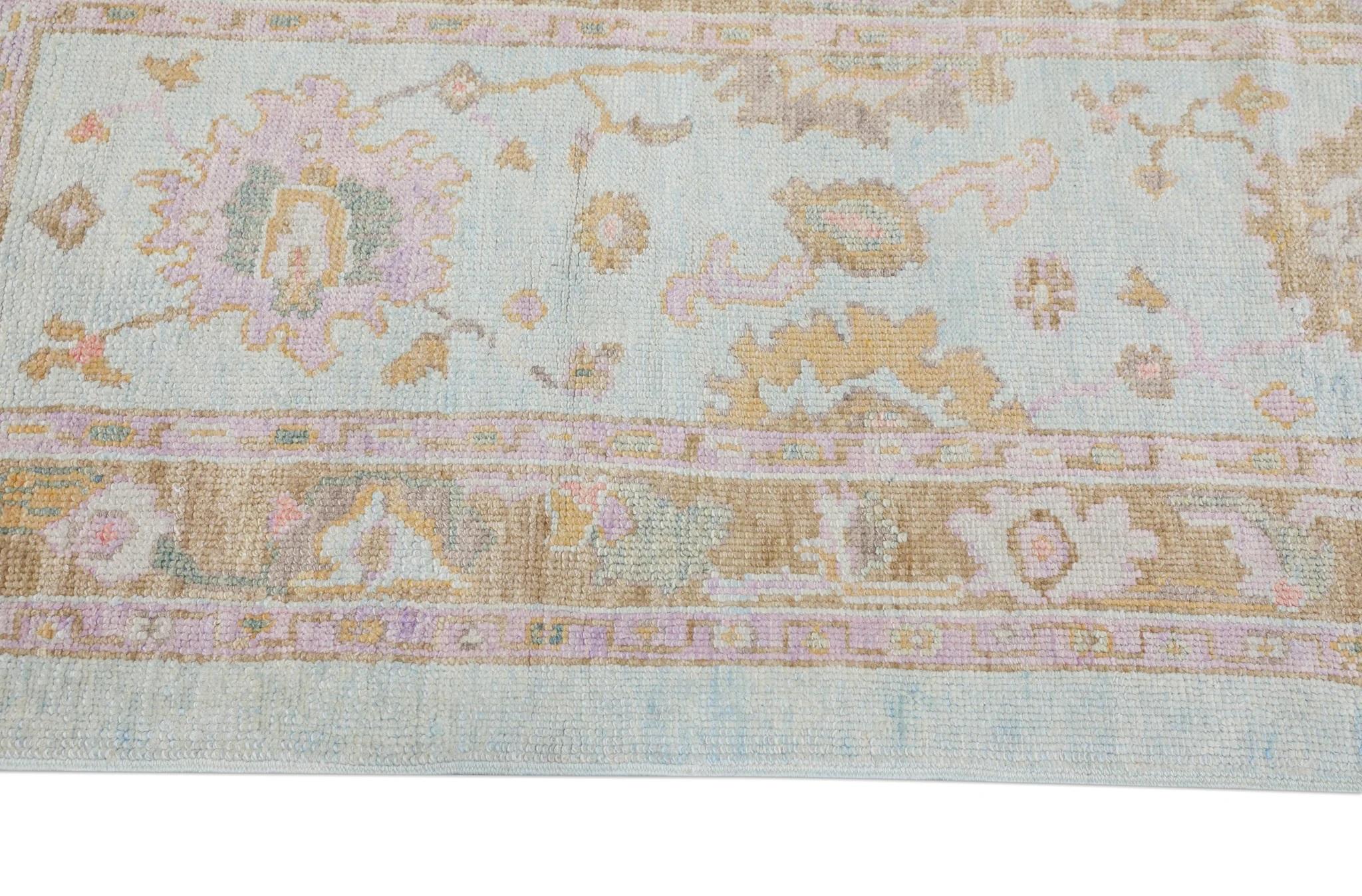 Tissé à la main Tapis turc Oushak bleu et pêche motif floral tissé à la main 3' x 6'3