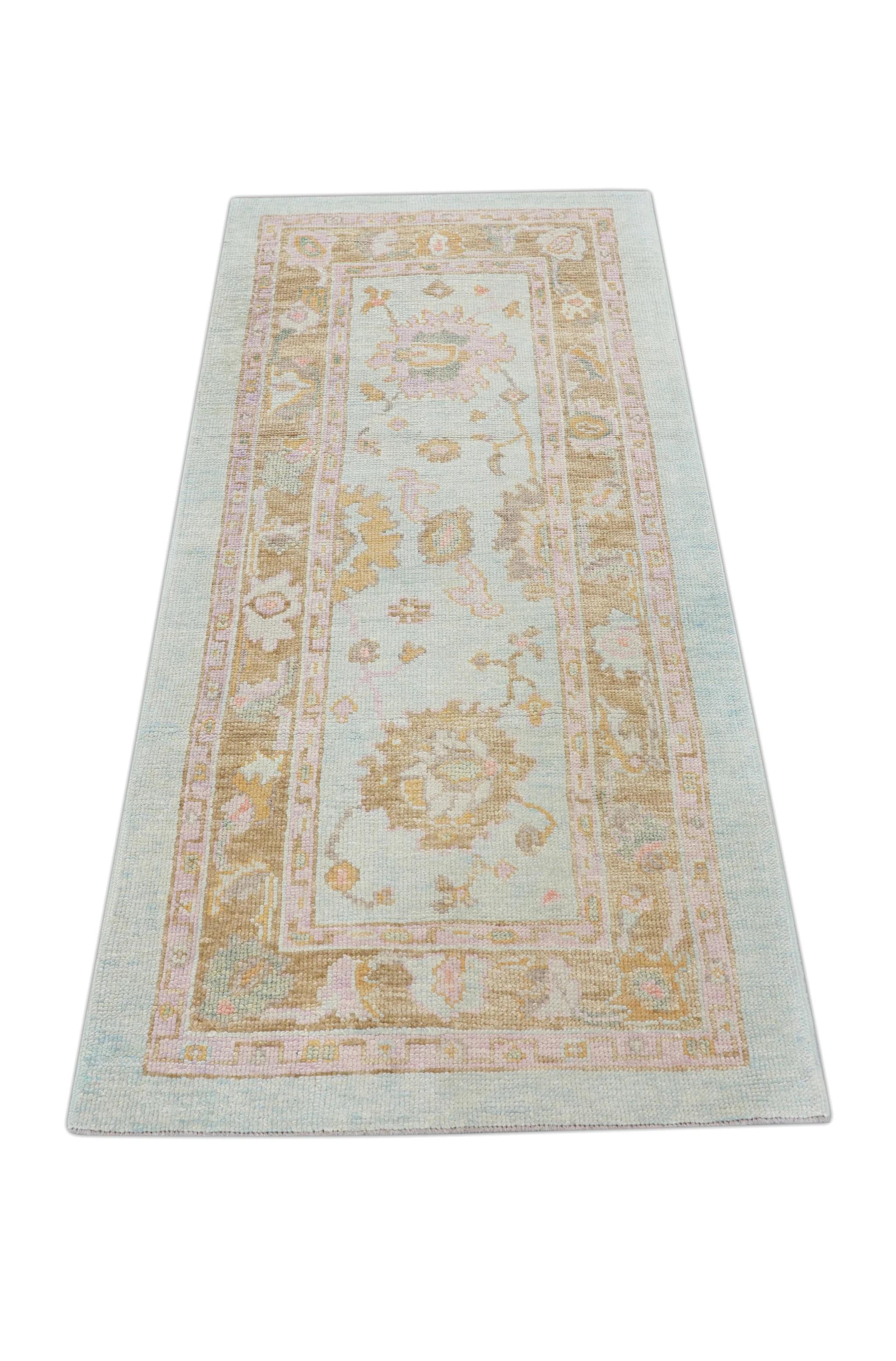 Tapis turc Oushak bleu et pêche motif floral tissé à la main 3' x 6'3