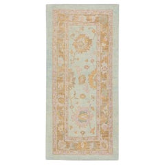 Turkish Oushak Rug Blue & Peach Floral Design Handwoven Wool Rug 3' x 6'3"