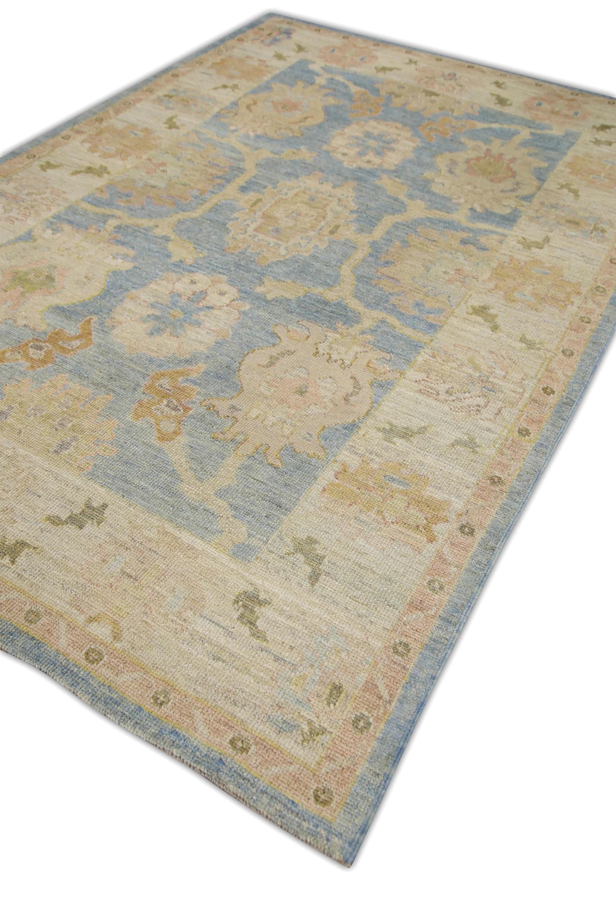 Turkish Oushak Rug Blue & Pink Handwoven Wool Rug 6'6