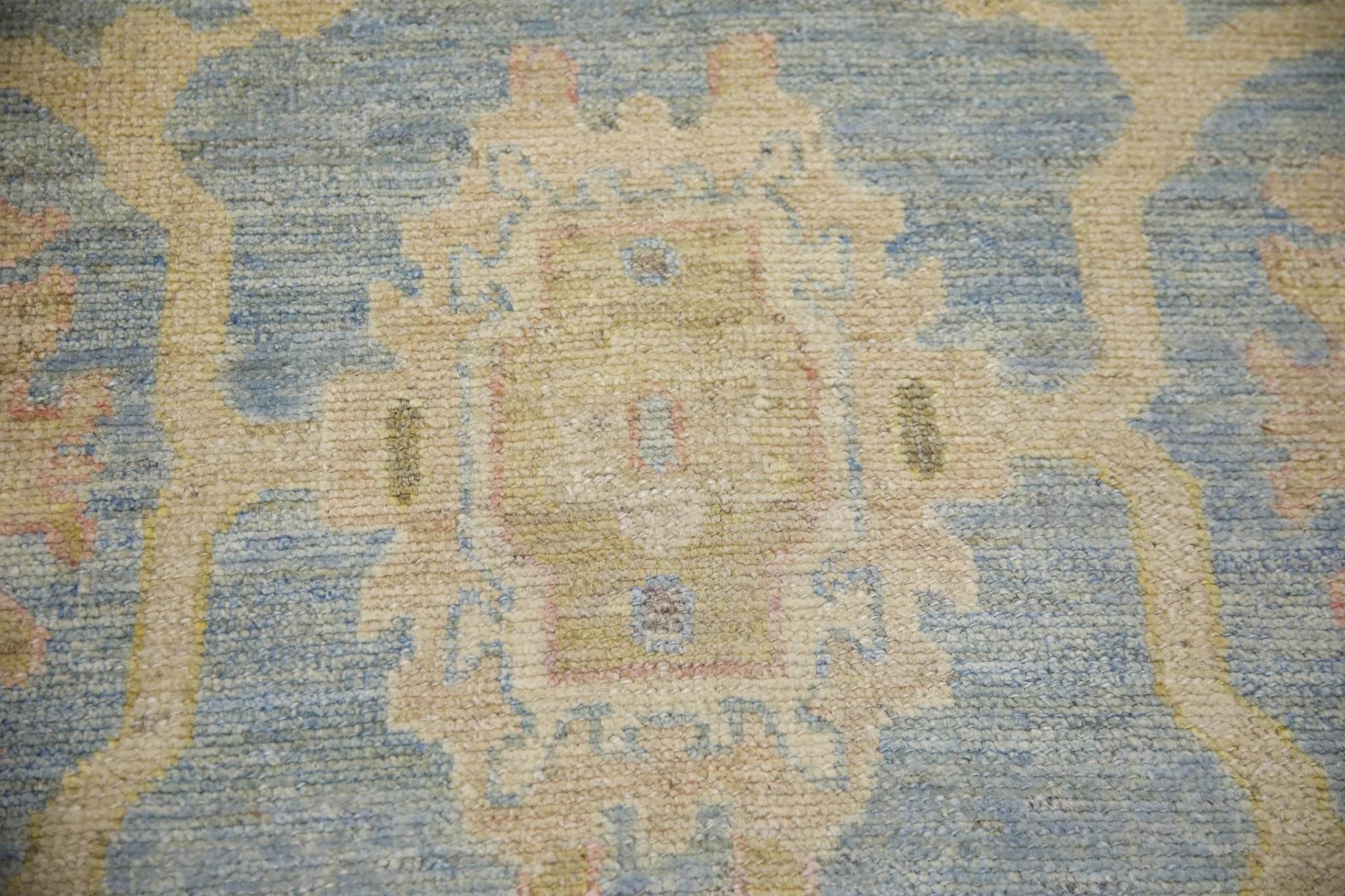 Turkish Oushak Rug Blue & Pink Handwoven Wool Rug 6'6