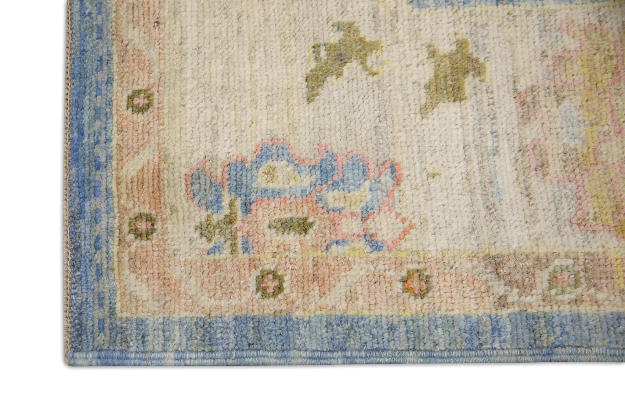 Turkish Oushak Rug Blue & Pink Handwoven Wool Rug 6'6