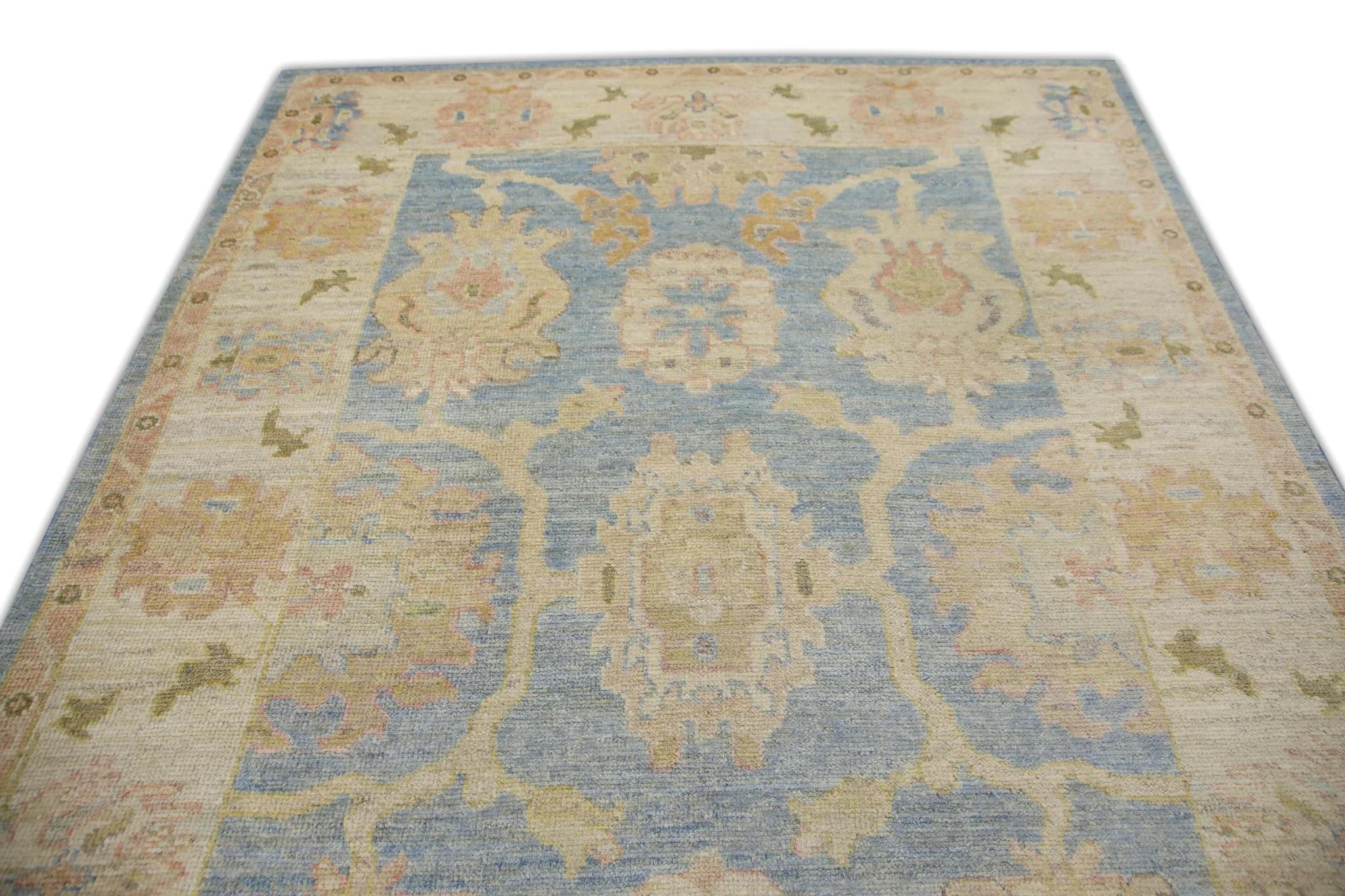 Turkish Oushak Rug Blue & Pink Handwoven Wool Rug 6'6