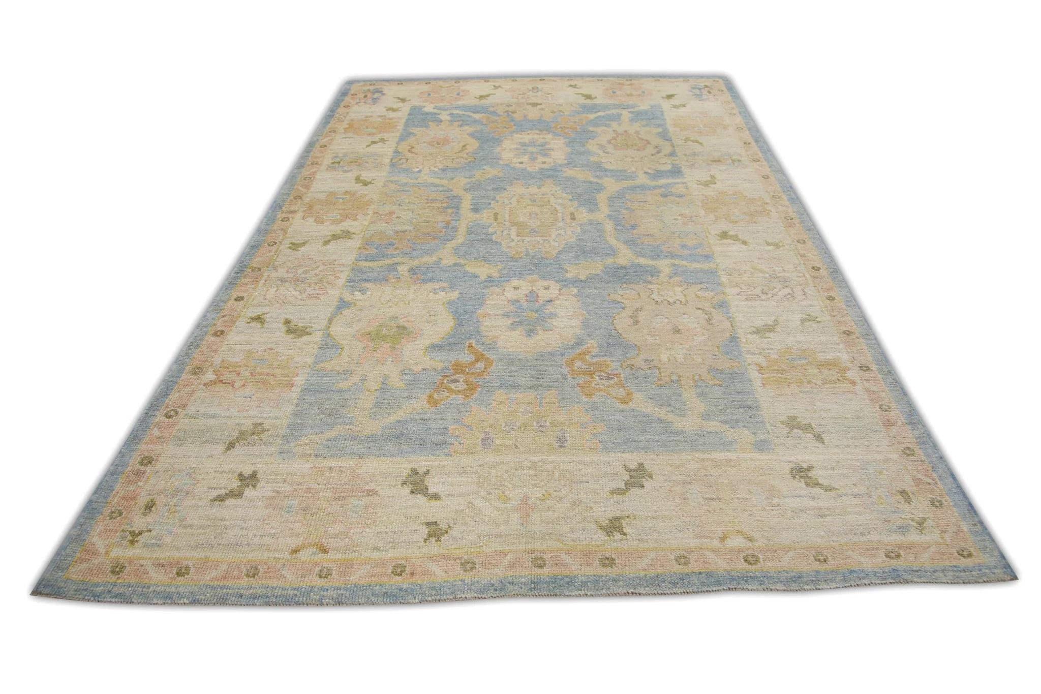 Turkish Oushak Rug Blue & Pink Handwoven Wool Rug 6'6