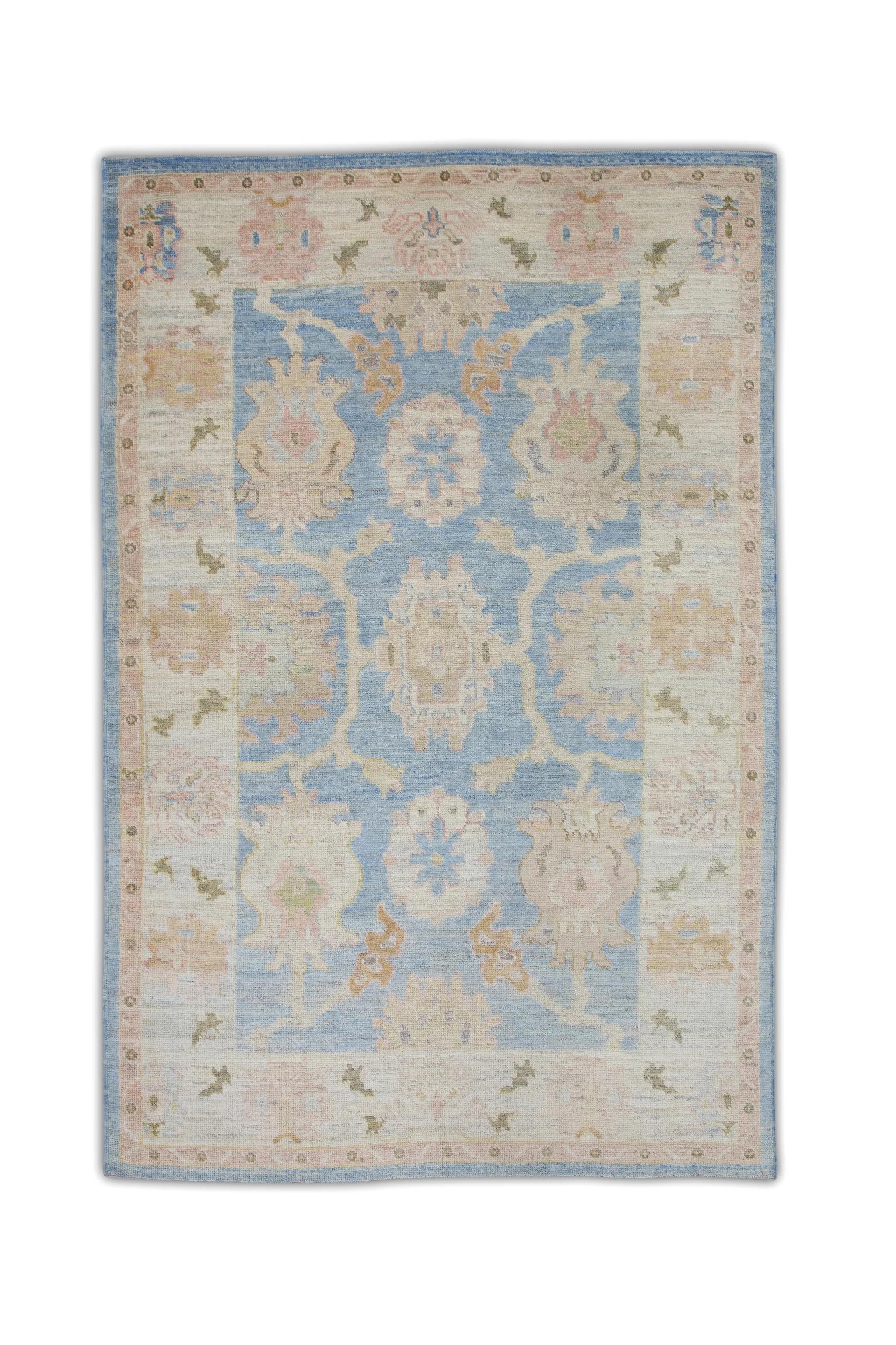 Turkish Oushak Rug Blue & Pink Handwoven Wool Rug 6'6