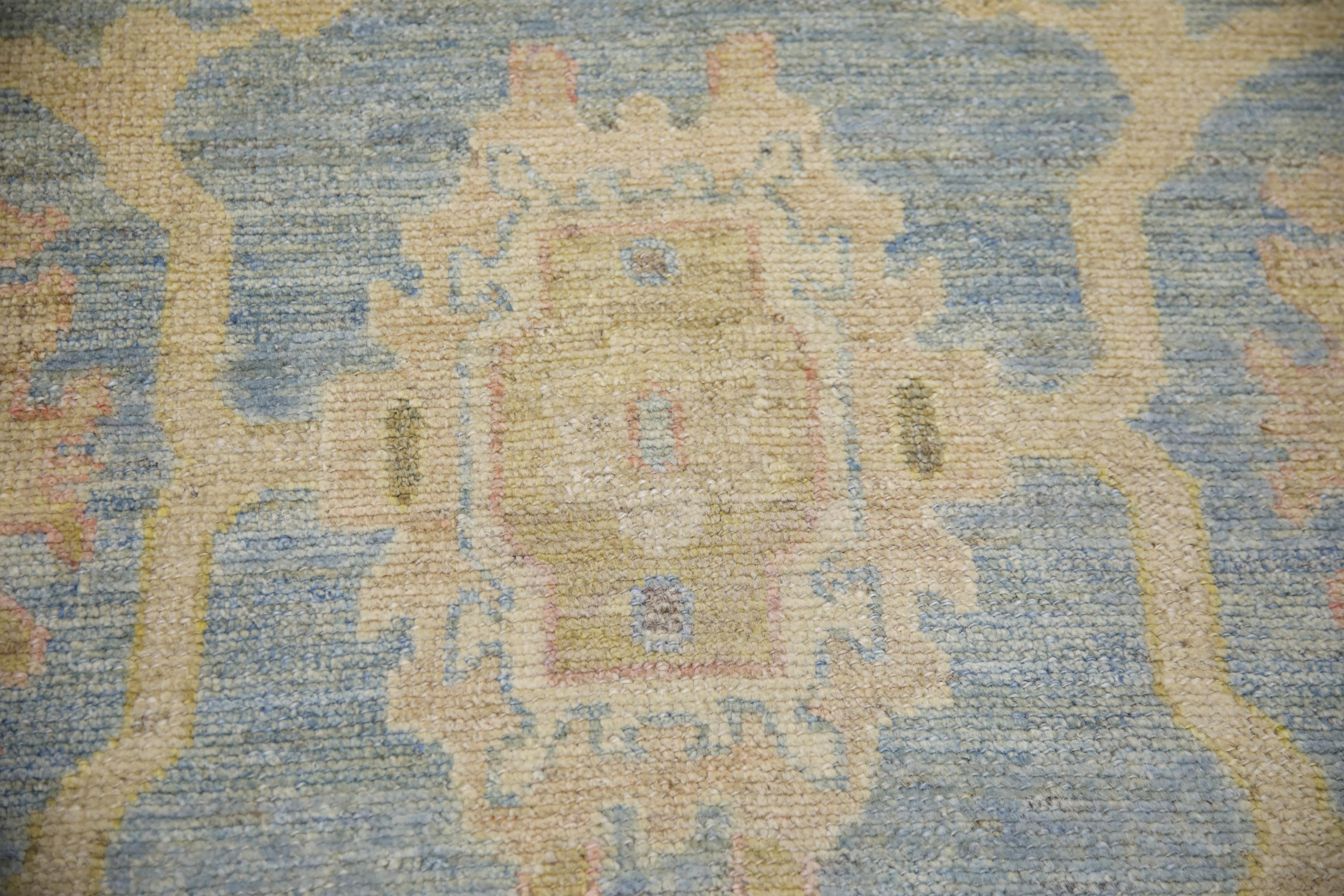 Turkish Oushak Rug Blue & Pink Handwoven Wool Rug 6'6