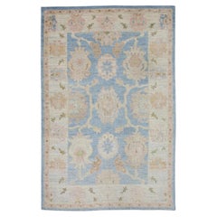 Turkish Oushak Rug Blue & Pink Handwoven Wool Rug 6'6" x 9'8"