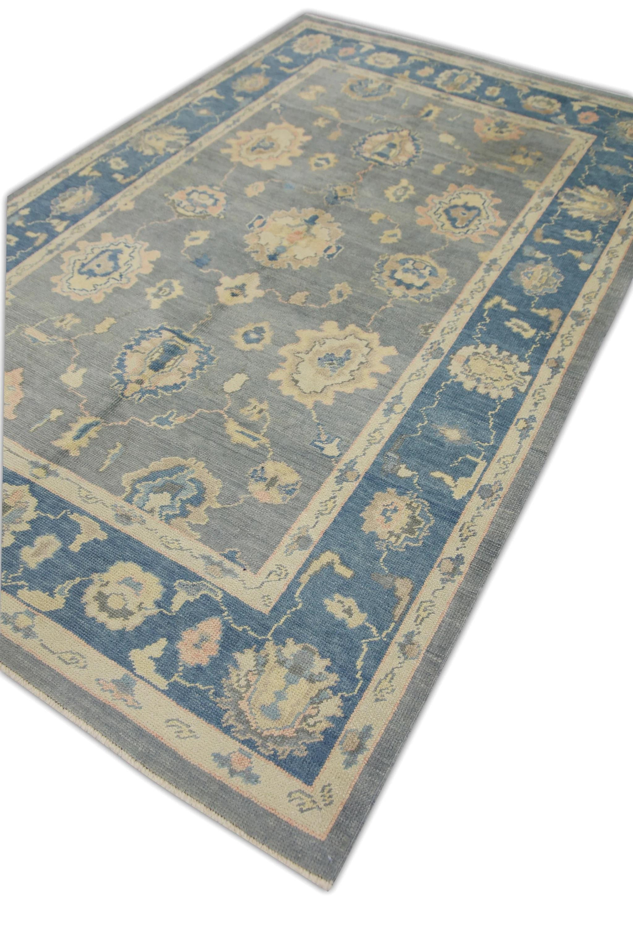 Turkish Oushak Rug Blue, Pink & Ivory Handwoven Wool 6'2
