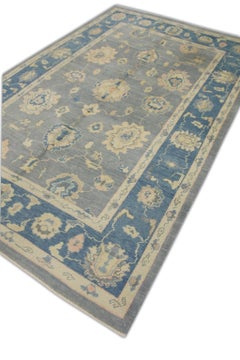 Turkish Oushak Rug Blue, Pink & Ivory Handwoven Wool 6'2" x 9'11"