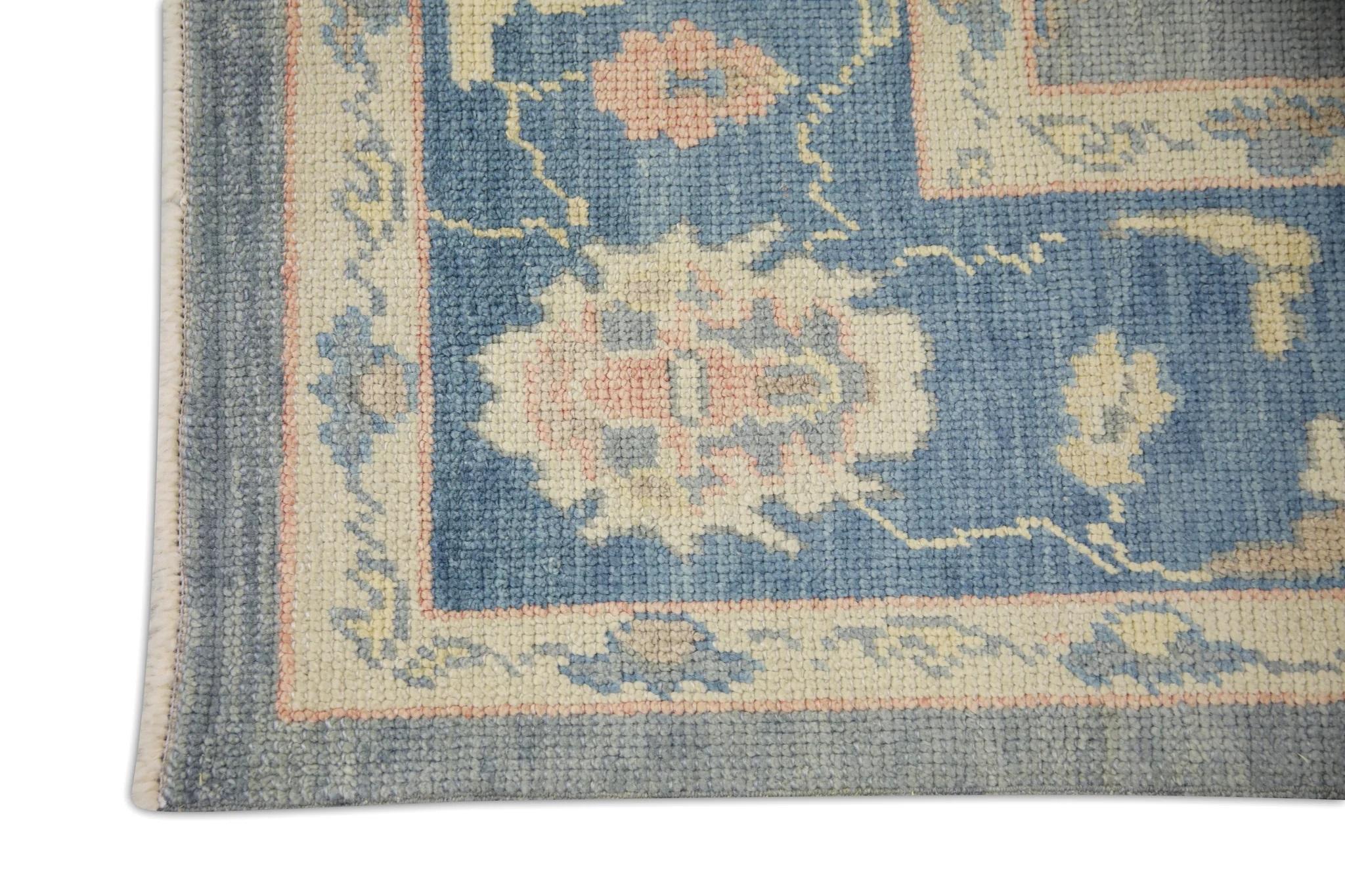 Turkish Oushak Rug Blue, Pink & Ivory Handwoven Wool 6'2