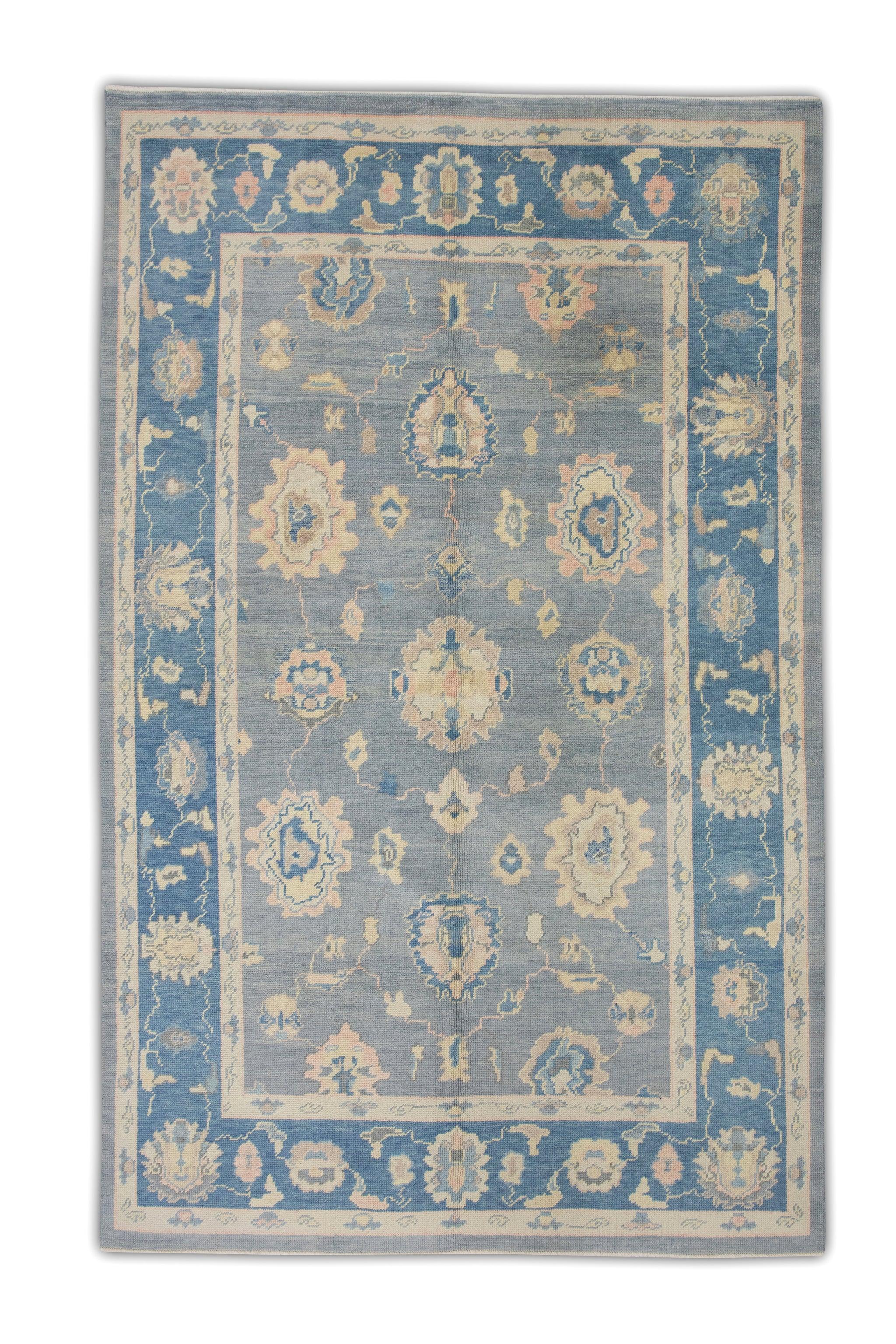Turkish Oushak Rug Blue, Pink & Ivory Handwoven Wool 6'2