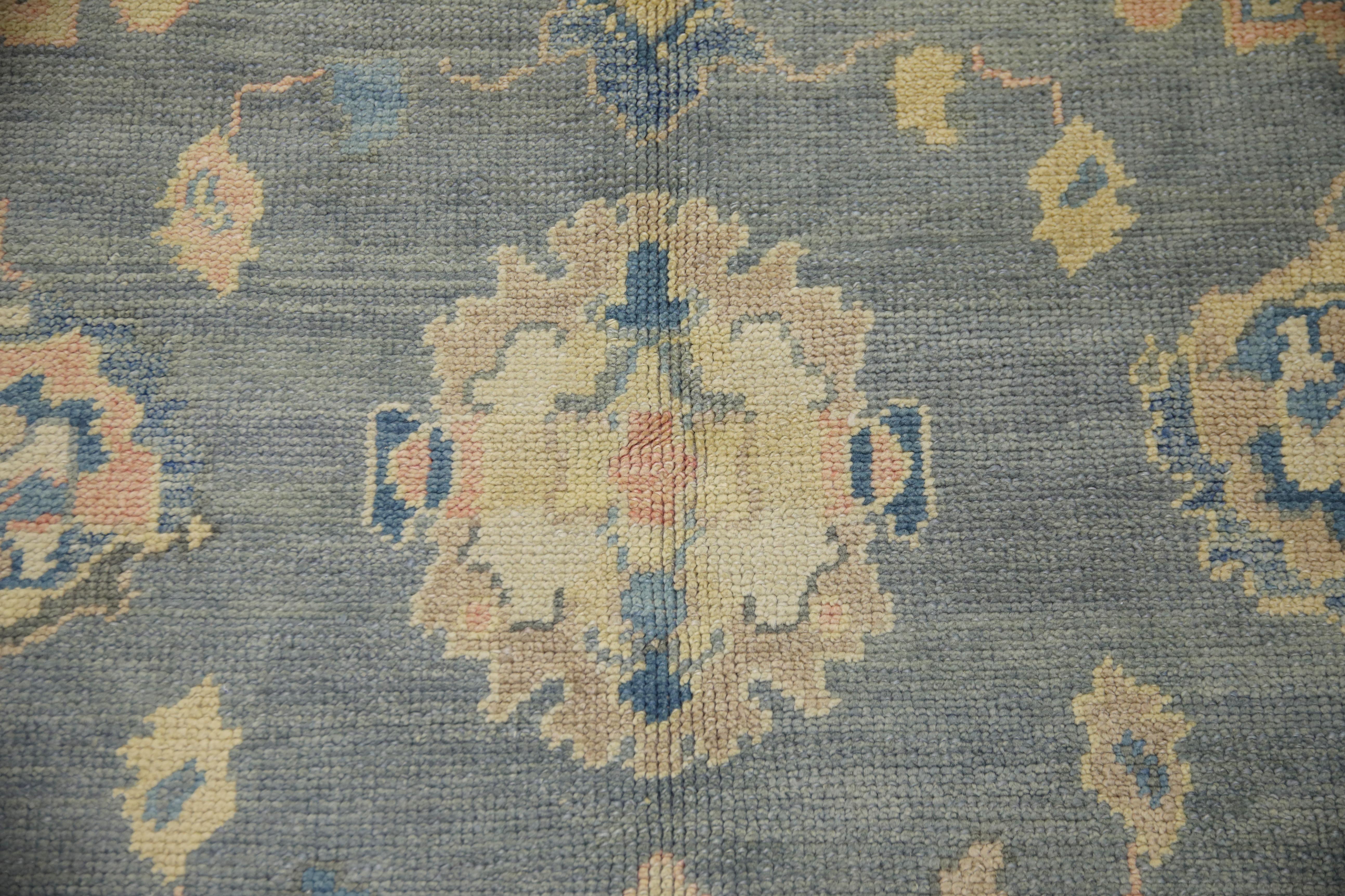 Turkish Oushak Rug Blue, Pink & Ivory Handwoven Wool 6'2