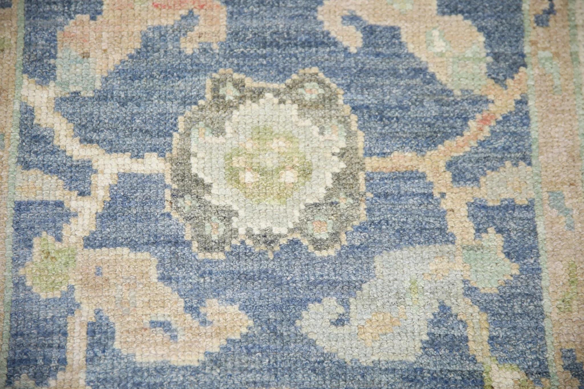 Türkischer Oushak Teppich Blau, Rosa & Weiches Grün Handgewebter Wollteppich 2'10