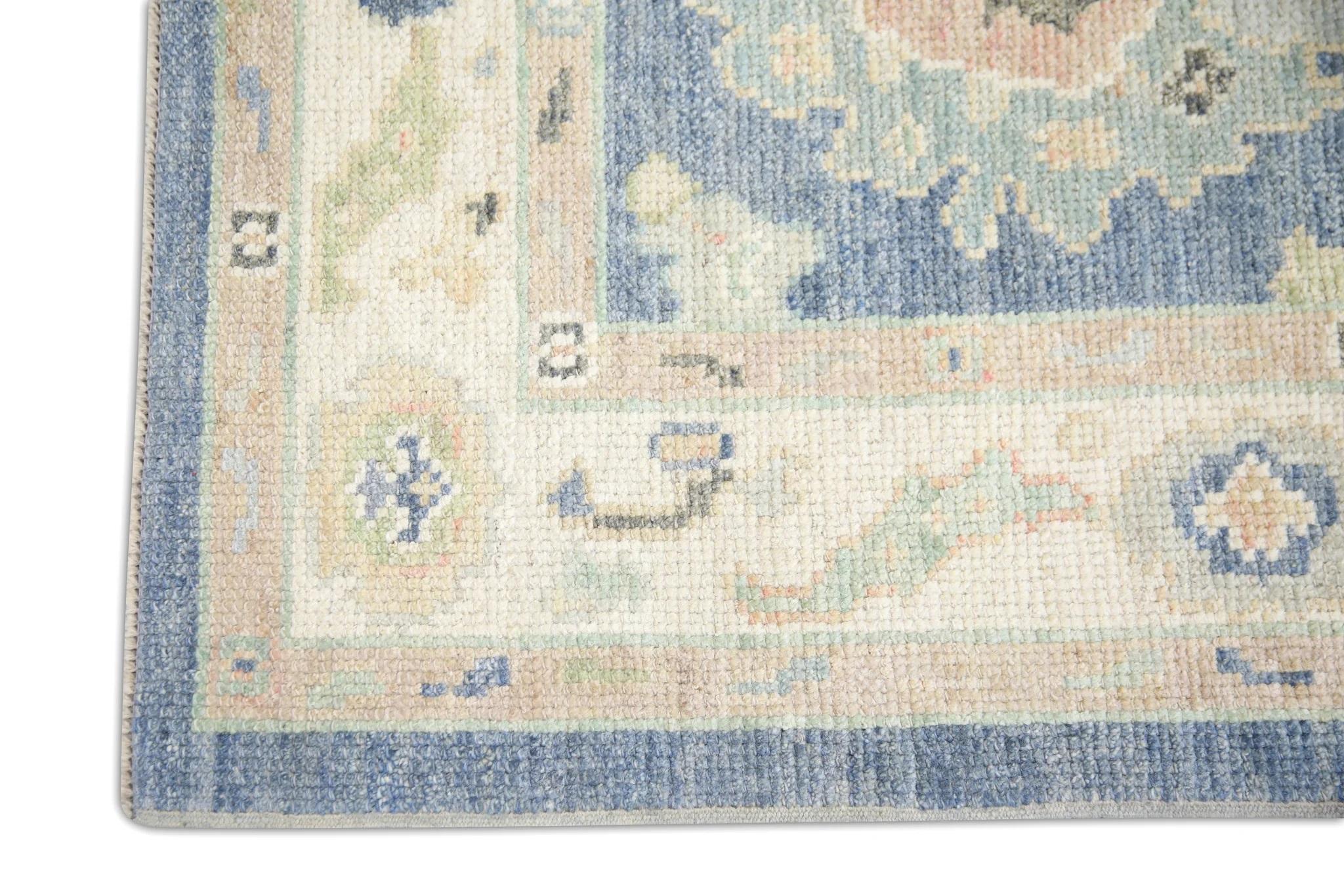 Türkischer Oushak Teppich Blau, Rosa & Weiches Grün Handgewebter Wollteppich 2'10