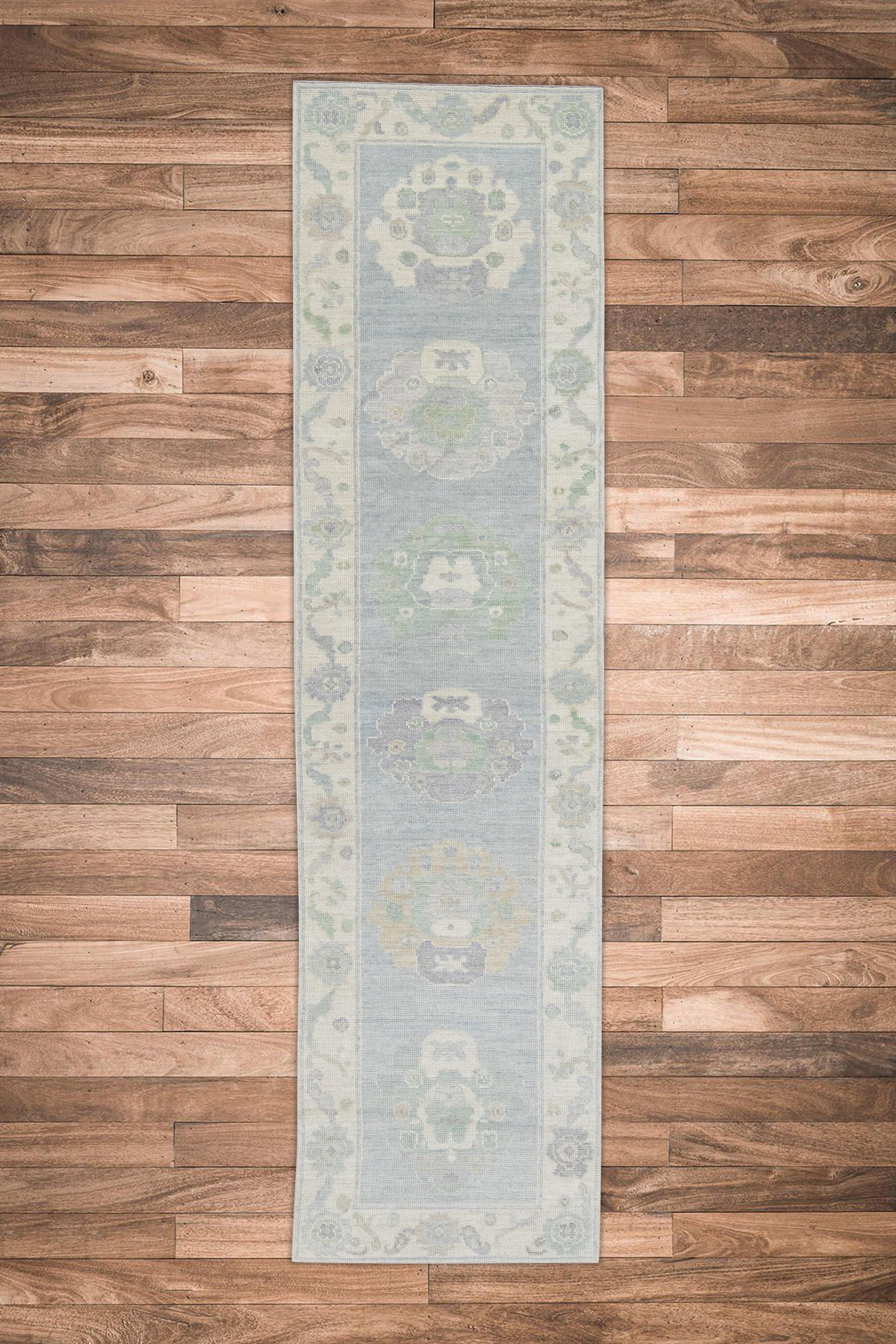 Tapis turc Oushak Bleu Sage Ivoire Tapis en laine tissé à la main 2'8