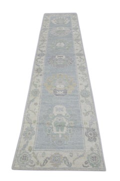 Turkish Oushak Rug Blue Sage Ivory Handwoven Wool Rug 2'8" x 11'10"