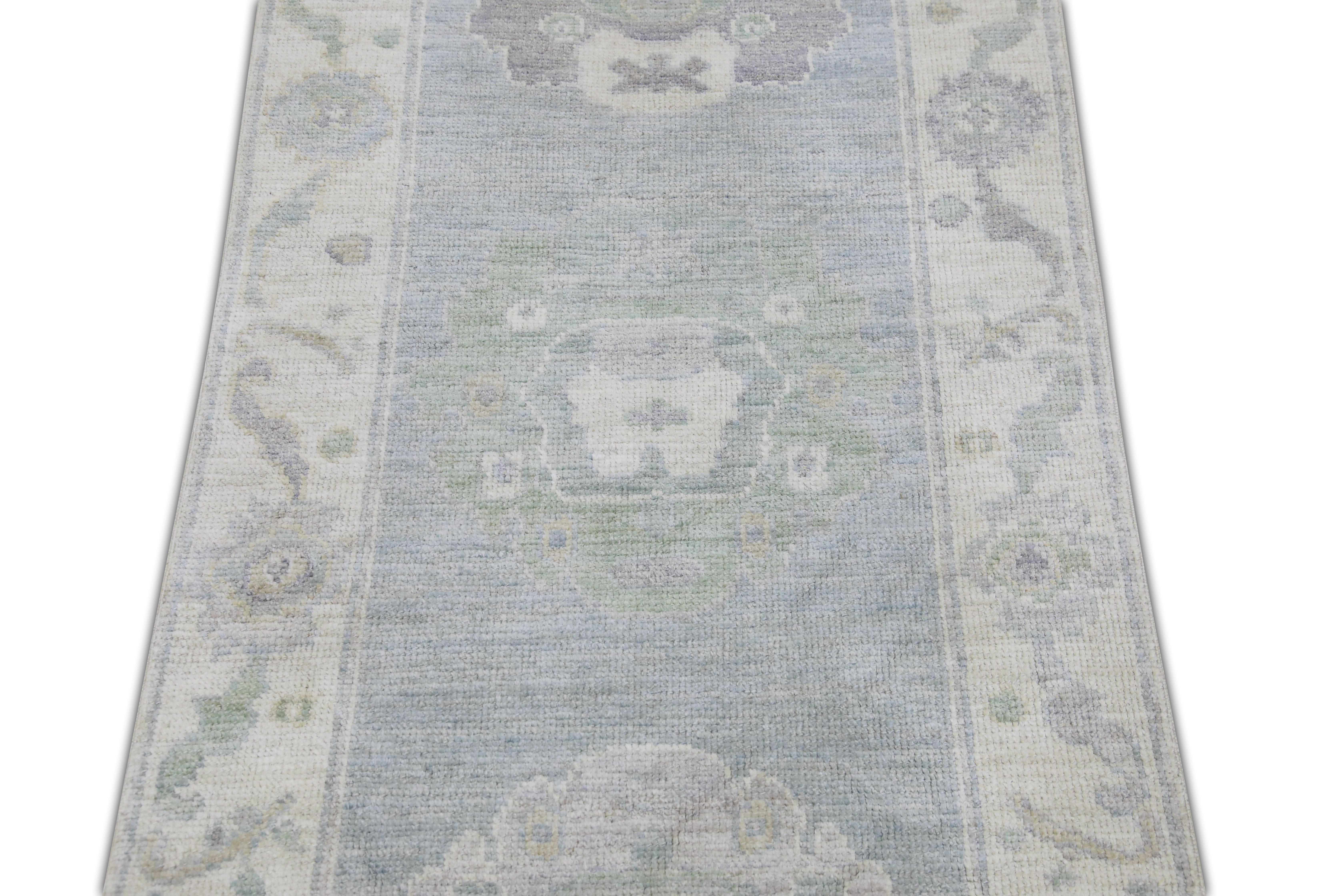 Tapis turc Oushak Bleu Sage Ivoire Tapis en laine tissé à la main 2'8