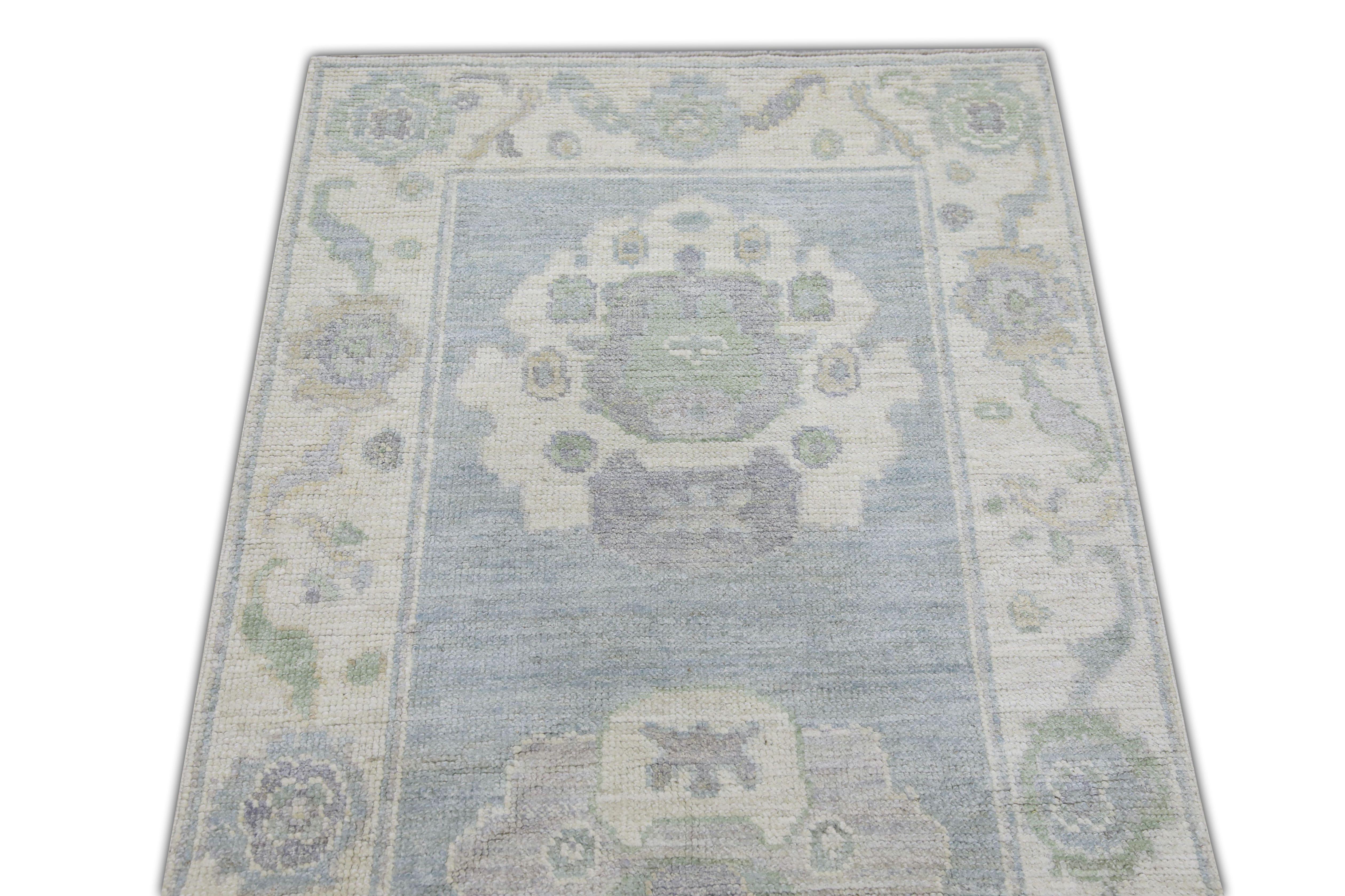 Laine Tapis turc Oushak Bleu Sage Ivoire Tapis en laine tissé à la main 2'8