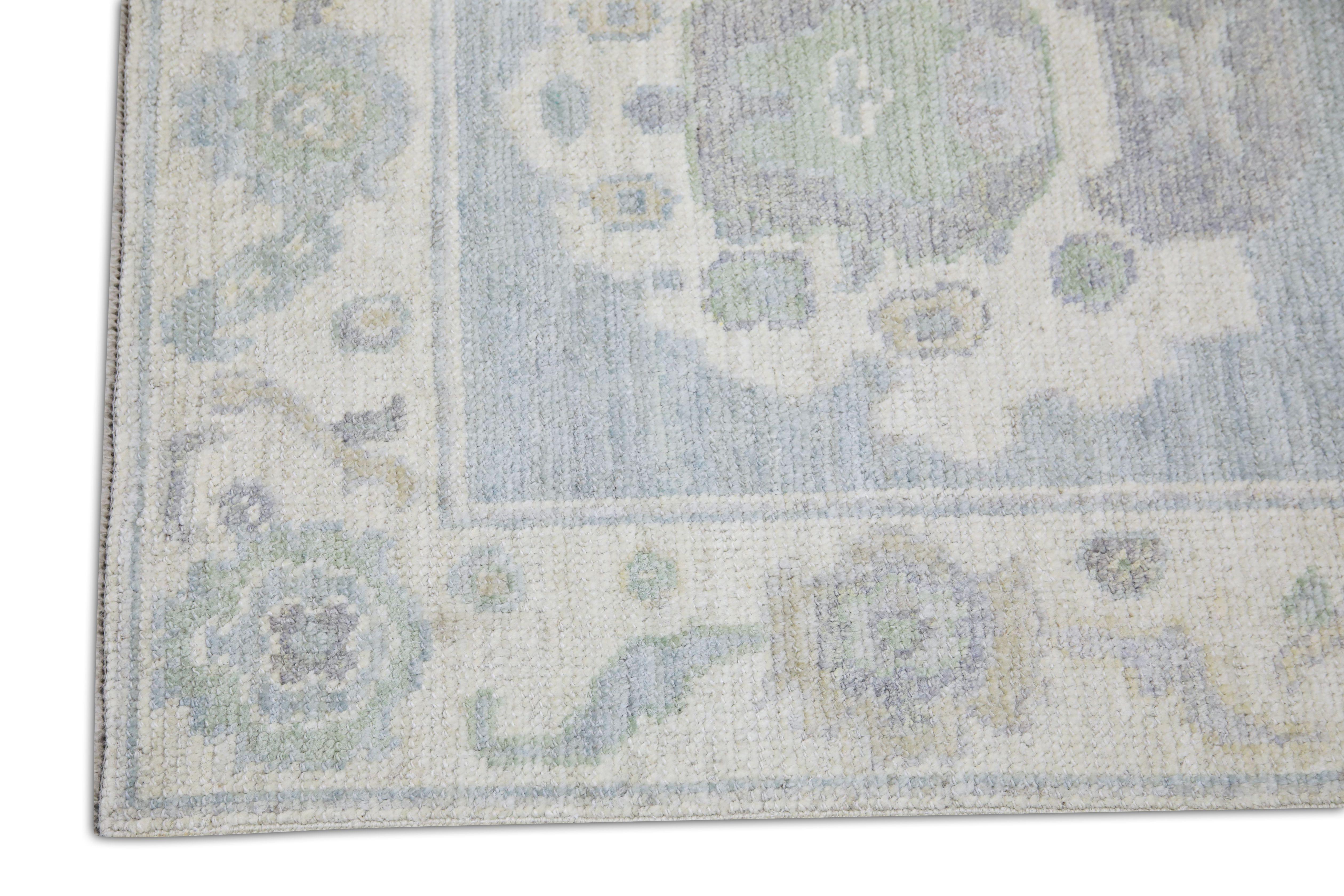 Tapis turc Oushak Bleu Sage Ivoire Tapis en laine tissé à la main 2'8