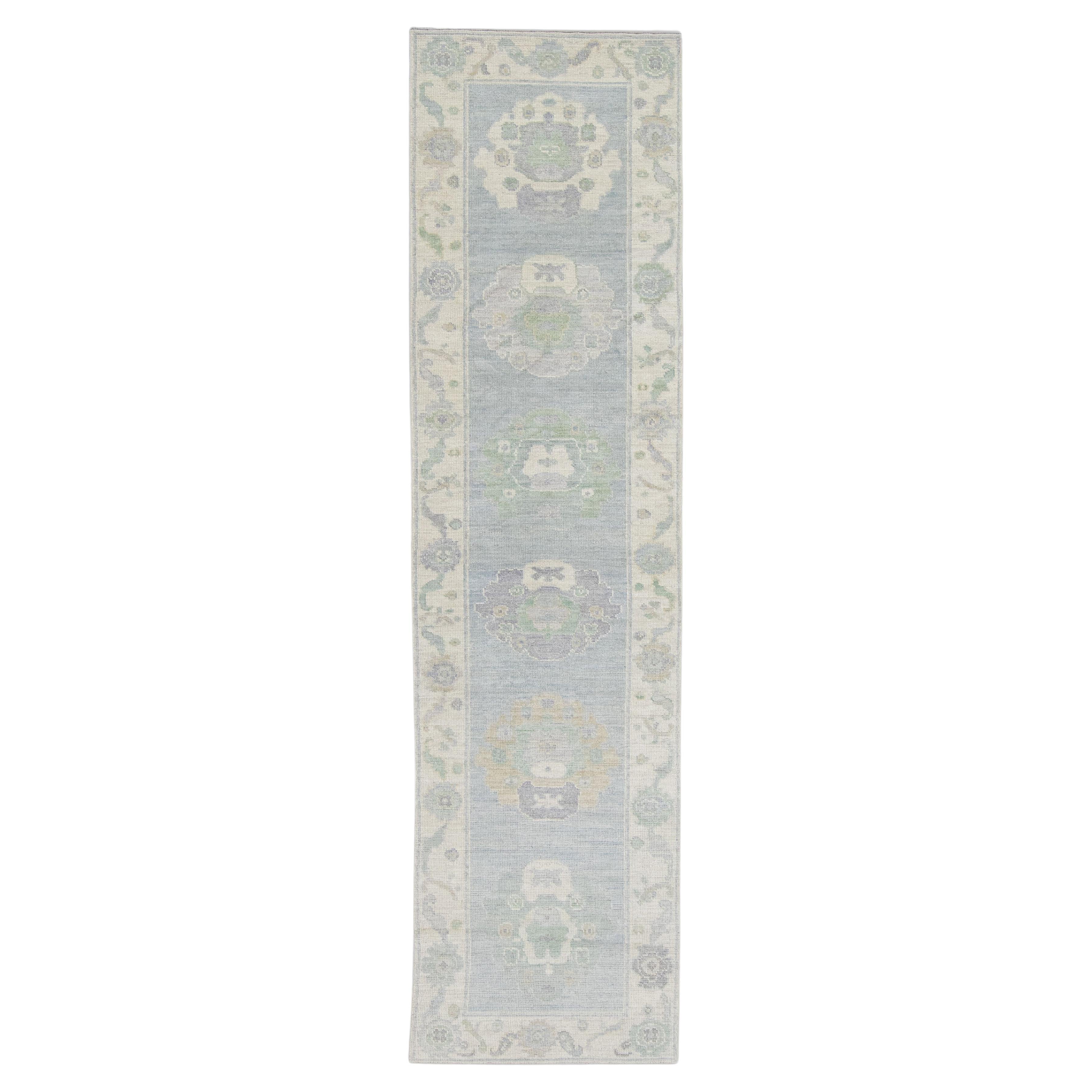 Tapis turc Oushak Bleu Sage Ivoire Tapis en laine tissé à la main 2'8" x 11'10"