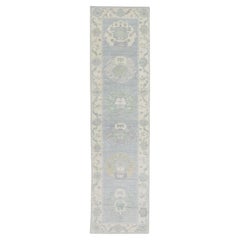 Tapis turc Oushak Bleu Sage Ivoire Tapis en laine tissé à la main 2'8" x 11'10"