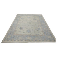 Tappeto Oushak Turco Blu e Taupe Medaglione Floreale Fatto a Mano 7'11" x 9'11"