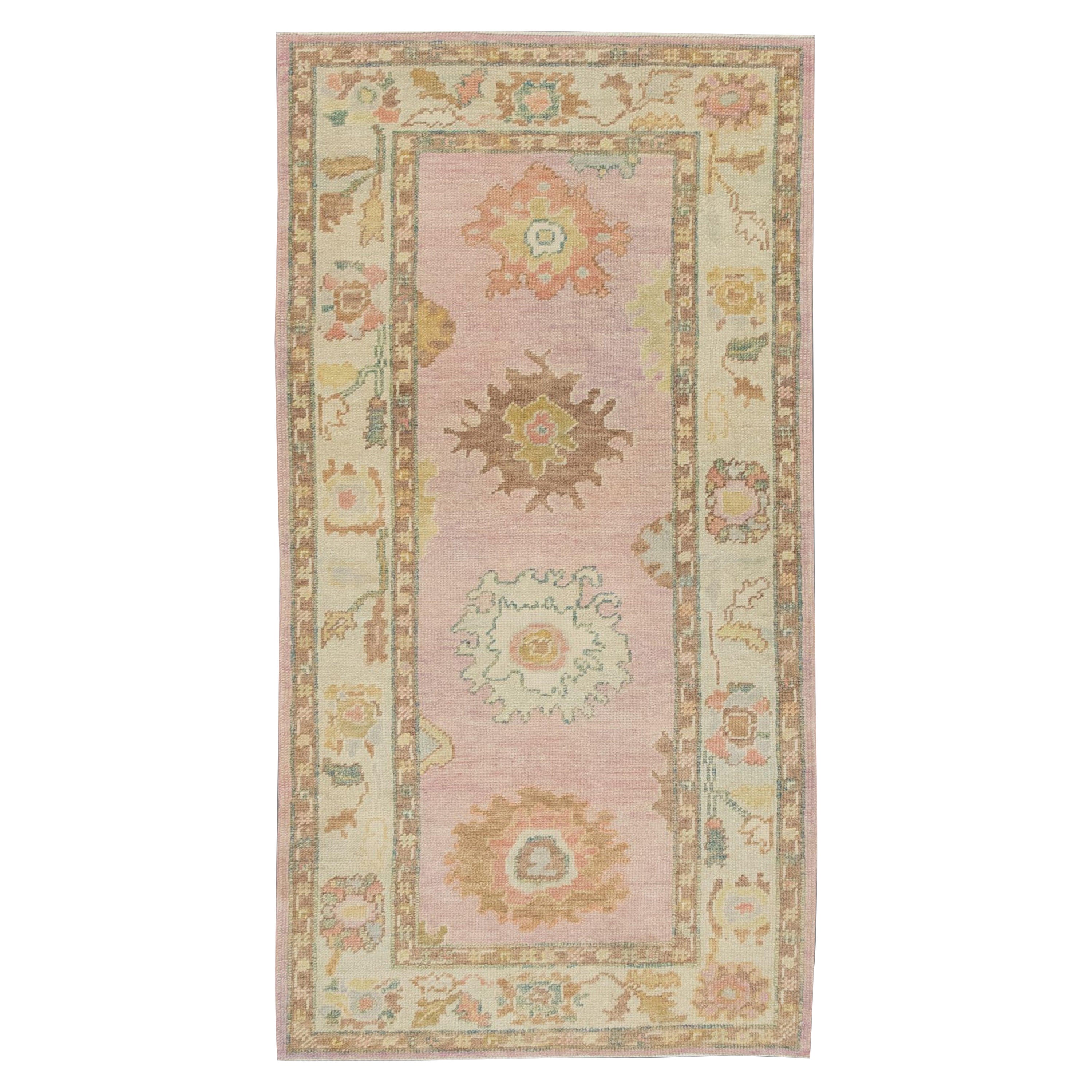 Turkish Oushak Rug Blush Pink & Soft Gold Handwoven Wool Rug 3'2" x 6'1" For Sale