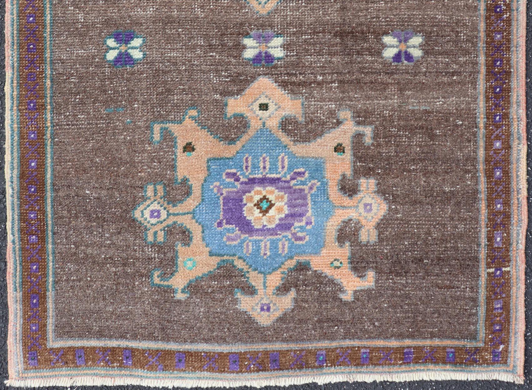 Turkish Oushak Rug -Bold Brown and Vibrant Blue Floral Medallions 2'7 x 3'7 For Sale 4