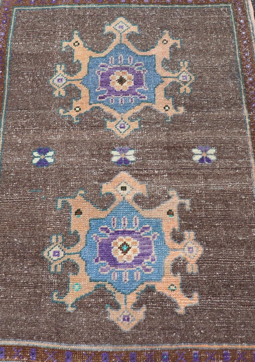 Hand-Knotted Turkish Oushak Rug -Bold Brown and Vibrant Blue Floral Medallions 2'7 x 3'7 For Sale
