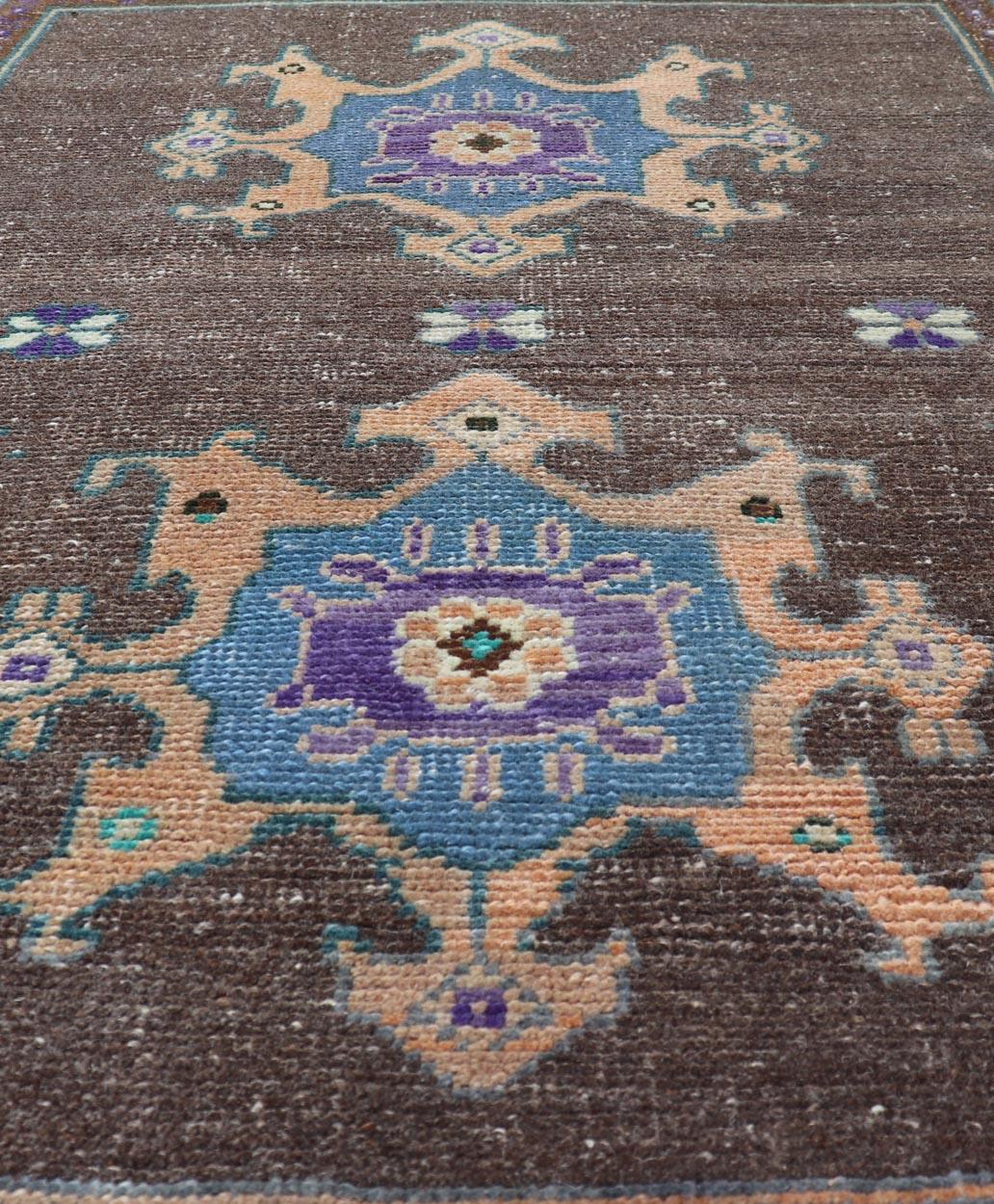 Turkish Oushak Rug -Bold Brown and Vibrant Blue Floral Medallions 2'7 x 3'7 In Good Condition For Sale In Atlanta, GA
