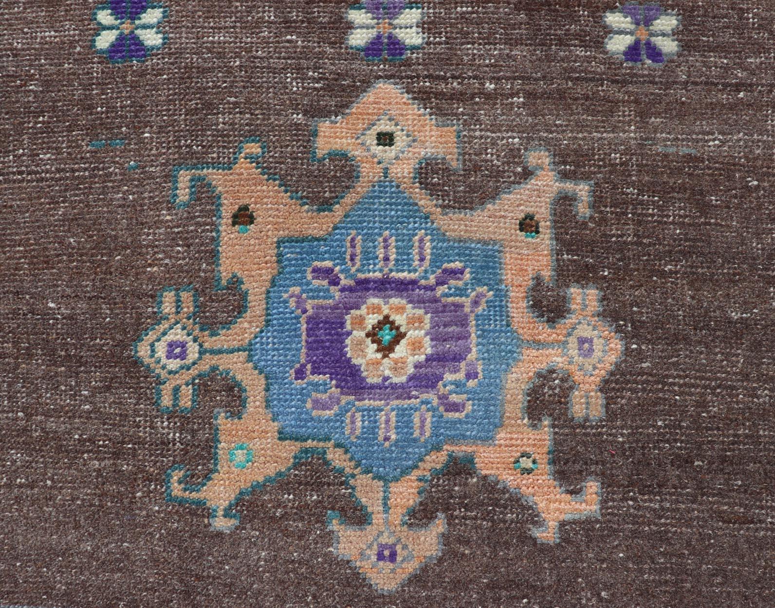 20th Century Turkish Oushak Rug -Bold Brown and Vibrant Blue Floral Medallions 2'7 x 3'7 For Sale