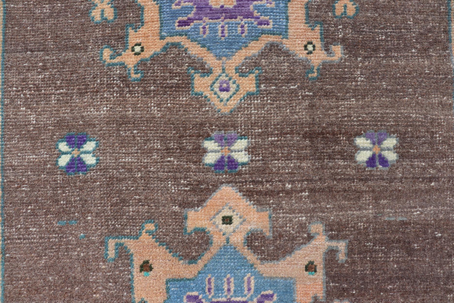 Wool Turkish Oushak Rug -Bold Brown and Vibrant Blue Floral Medallions 2'7 x 3'7 For Sale