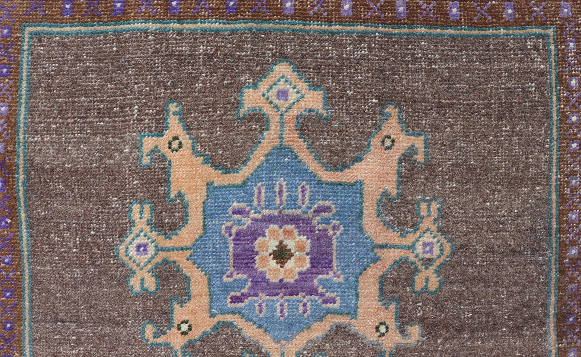 Turkish Oushak Rug -Bold Brown and Vibrant Blue Floral Medallions 2'7 x 3'7 For Sale 1