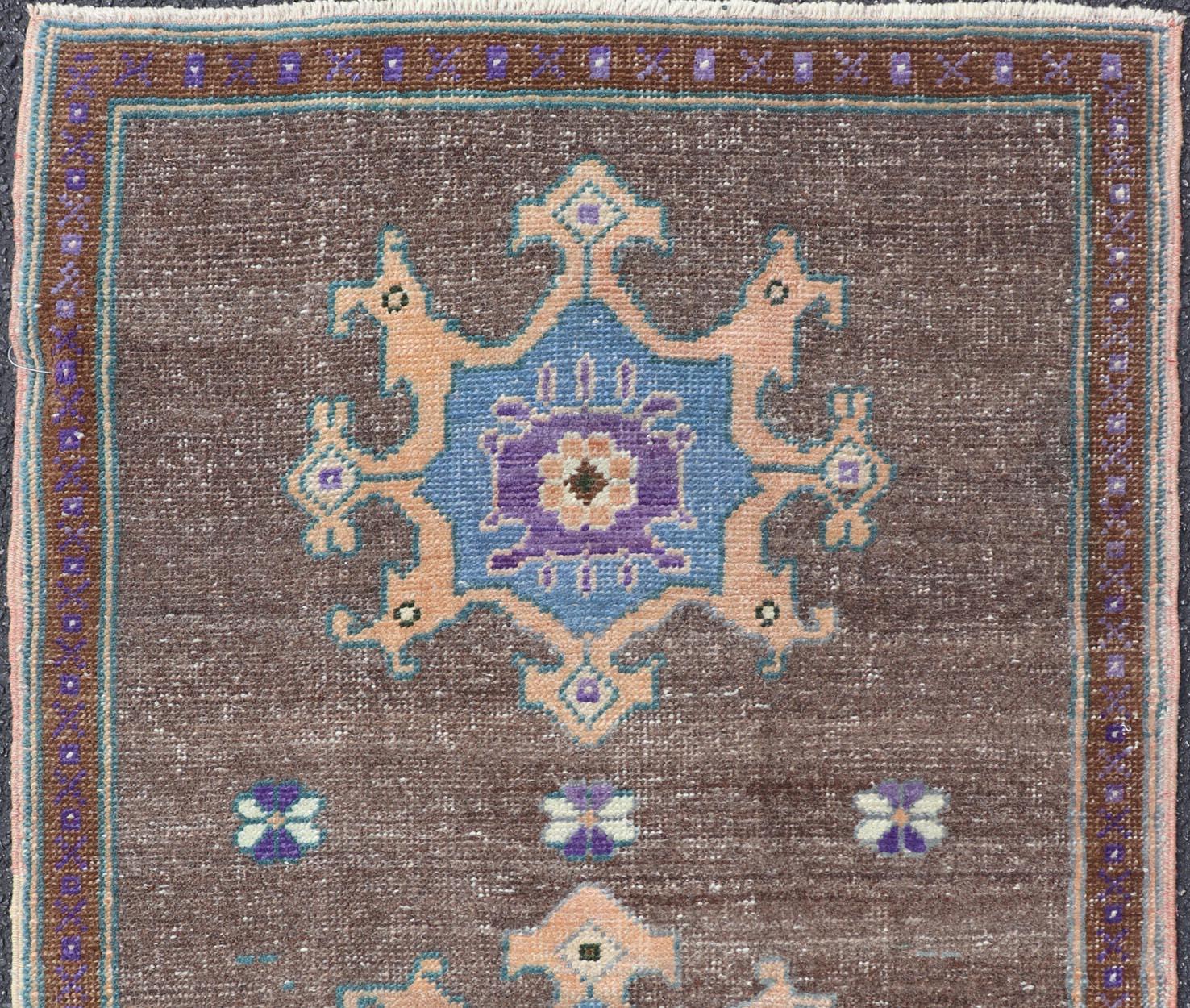 Turkish Oushak Rug -Bold Brown and Vibrant Blue Floral Medallions 2'7 x 3'7 For Sale 2