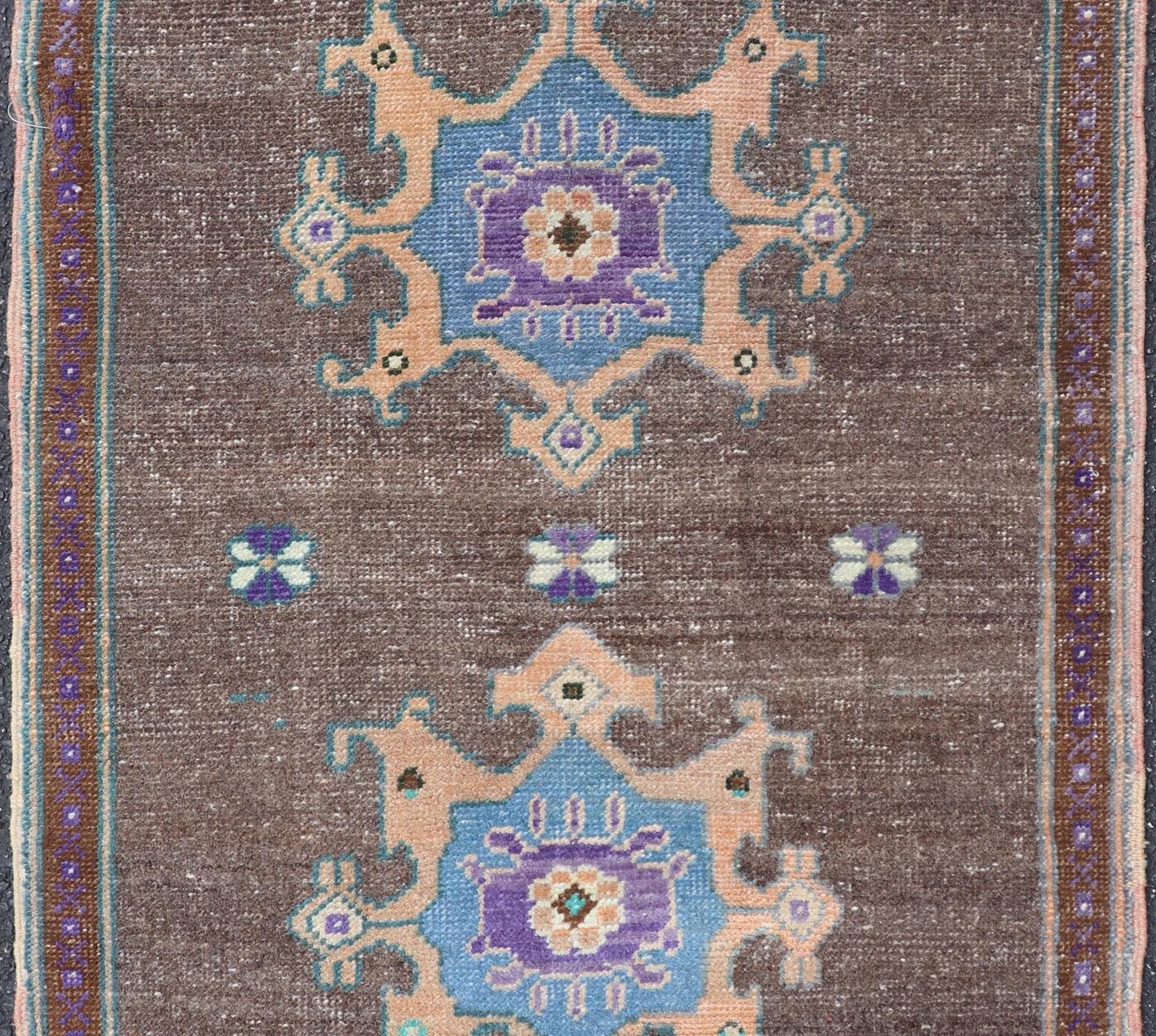 Turkish Oushak Rug -Bold Brown and Vibrant Blue Floral Medallions 2'7 x 3'7 For Sale 3