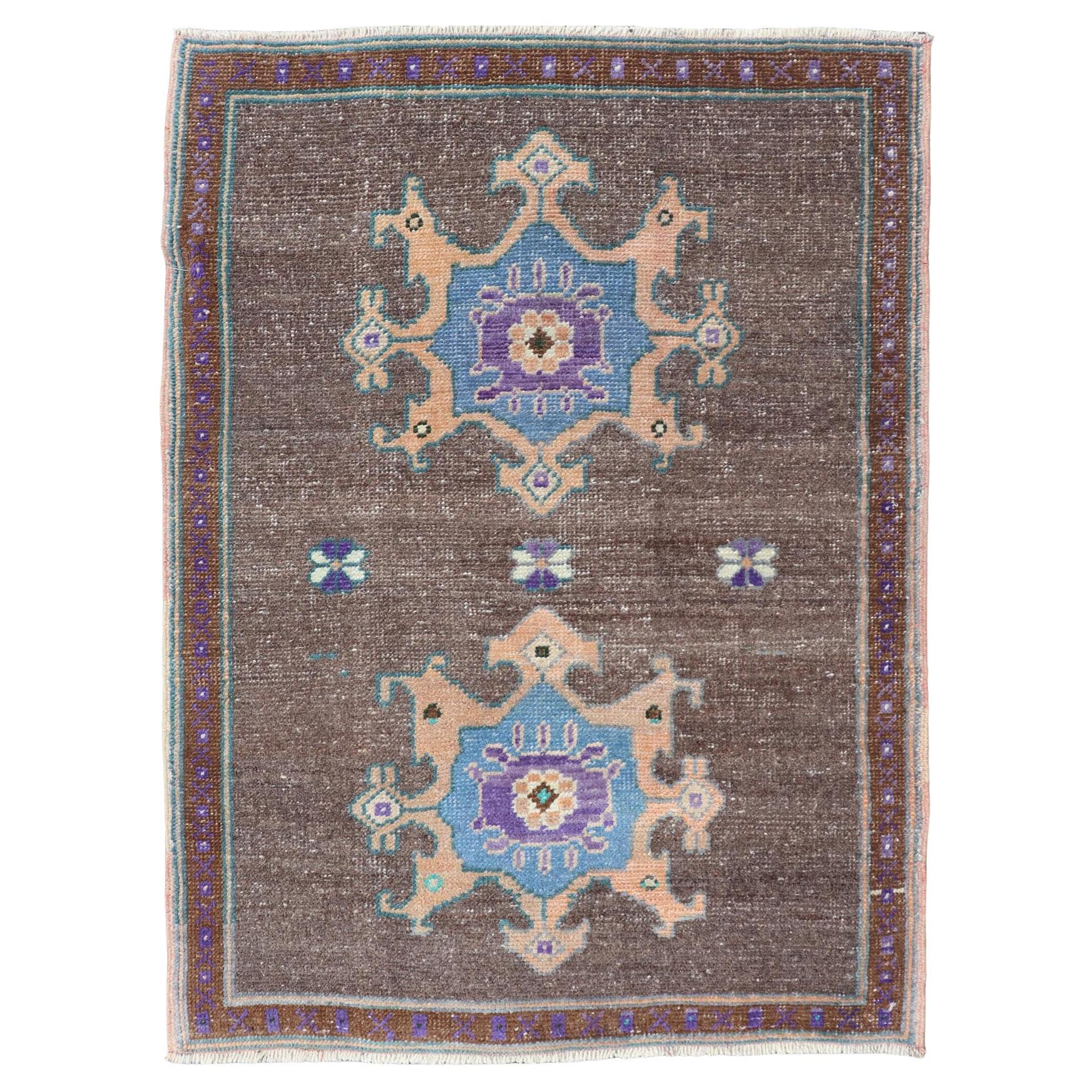 Turkish Oushak Rug -Bold Brown and Vibrant Blue Floral Medallions 2'7 x 3'7