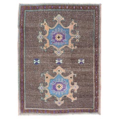 Turkish Oushak Rug -Bold Brown and Vibrant Blue Floral Medallions 2'7 x 3'7