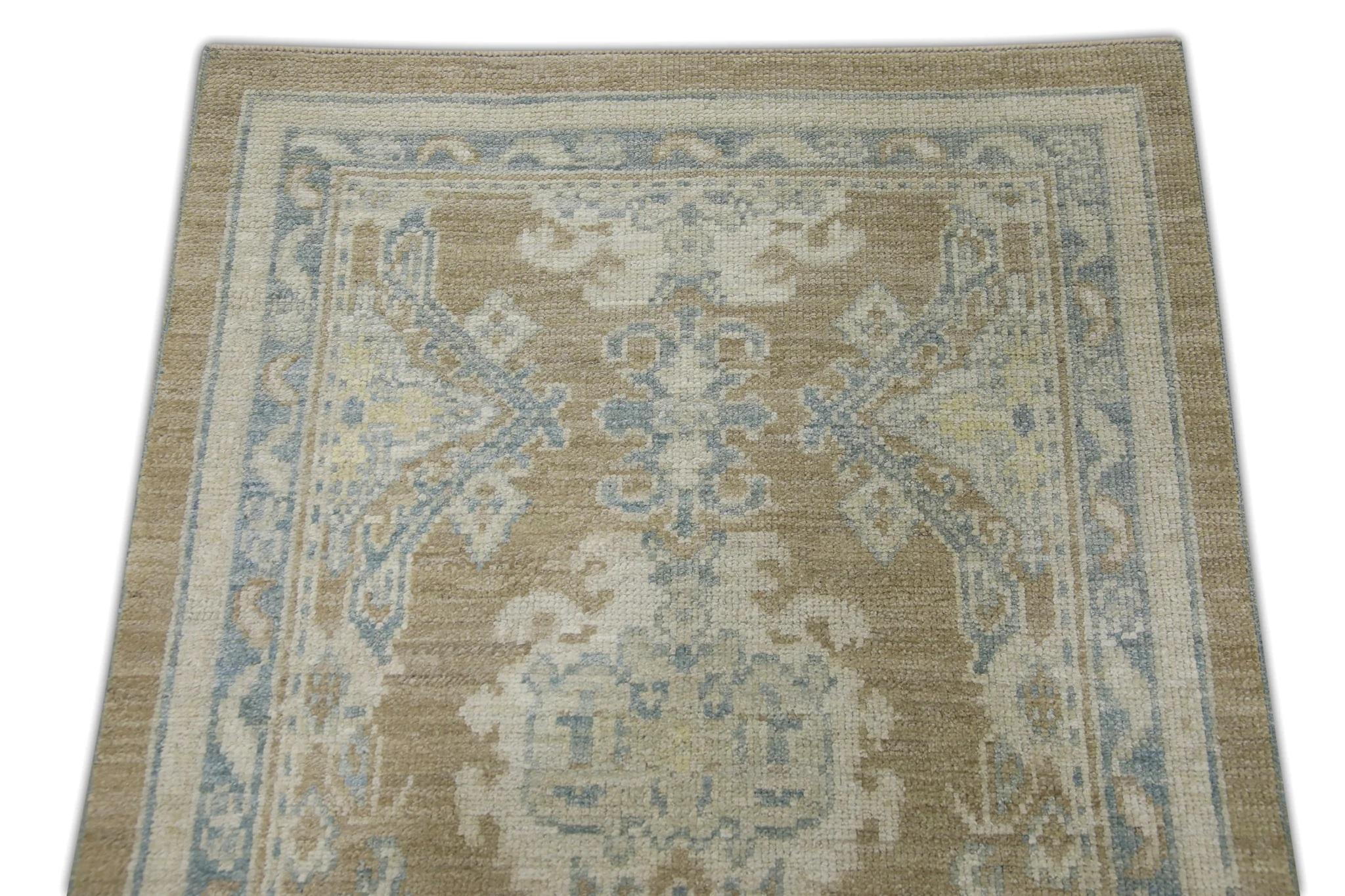 Vegetable Dyed Turkish Oushak Rug Brown & Blue Floral Handmade Rug 2'10