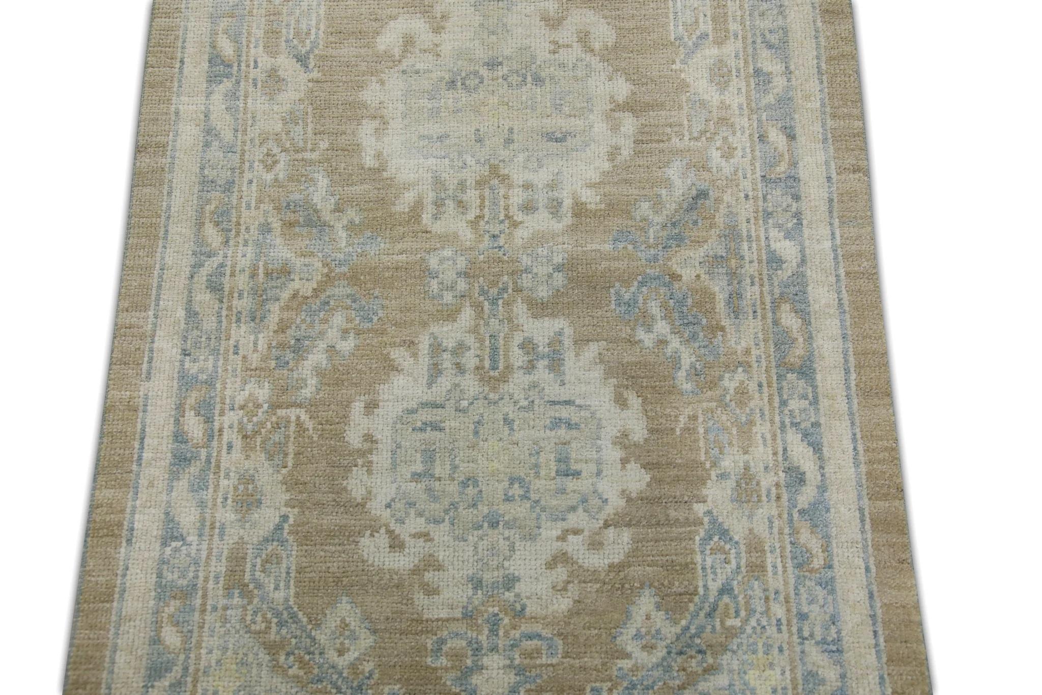 Turkish Oushak Rug Brown & Blue Floral Handmade Rug 2'10