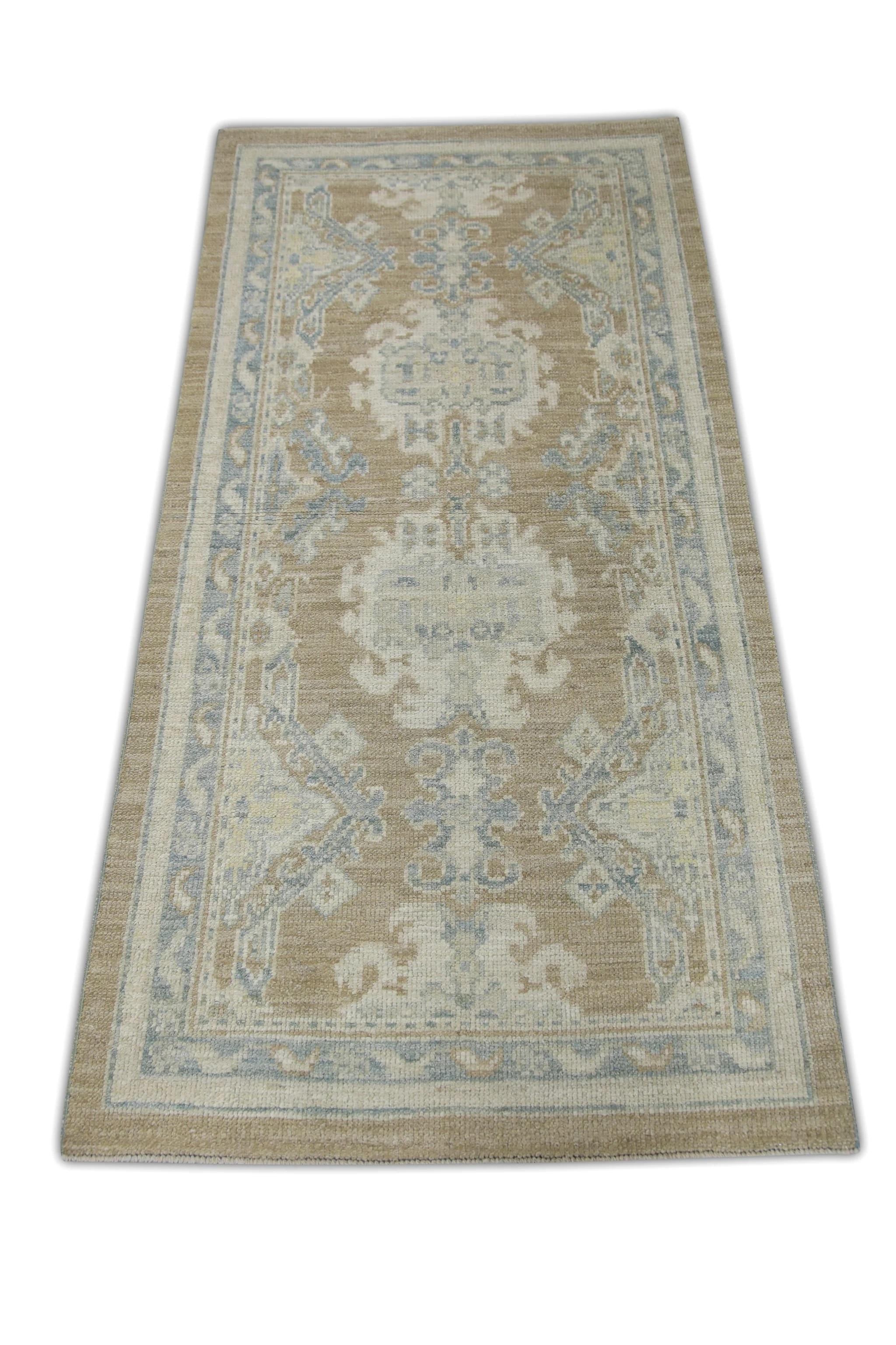 Contemporary Turkish Oushak Rug Brown & Blue Floral Handmade Rug 2'10