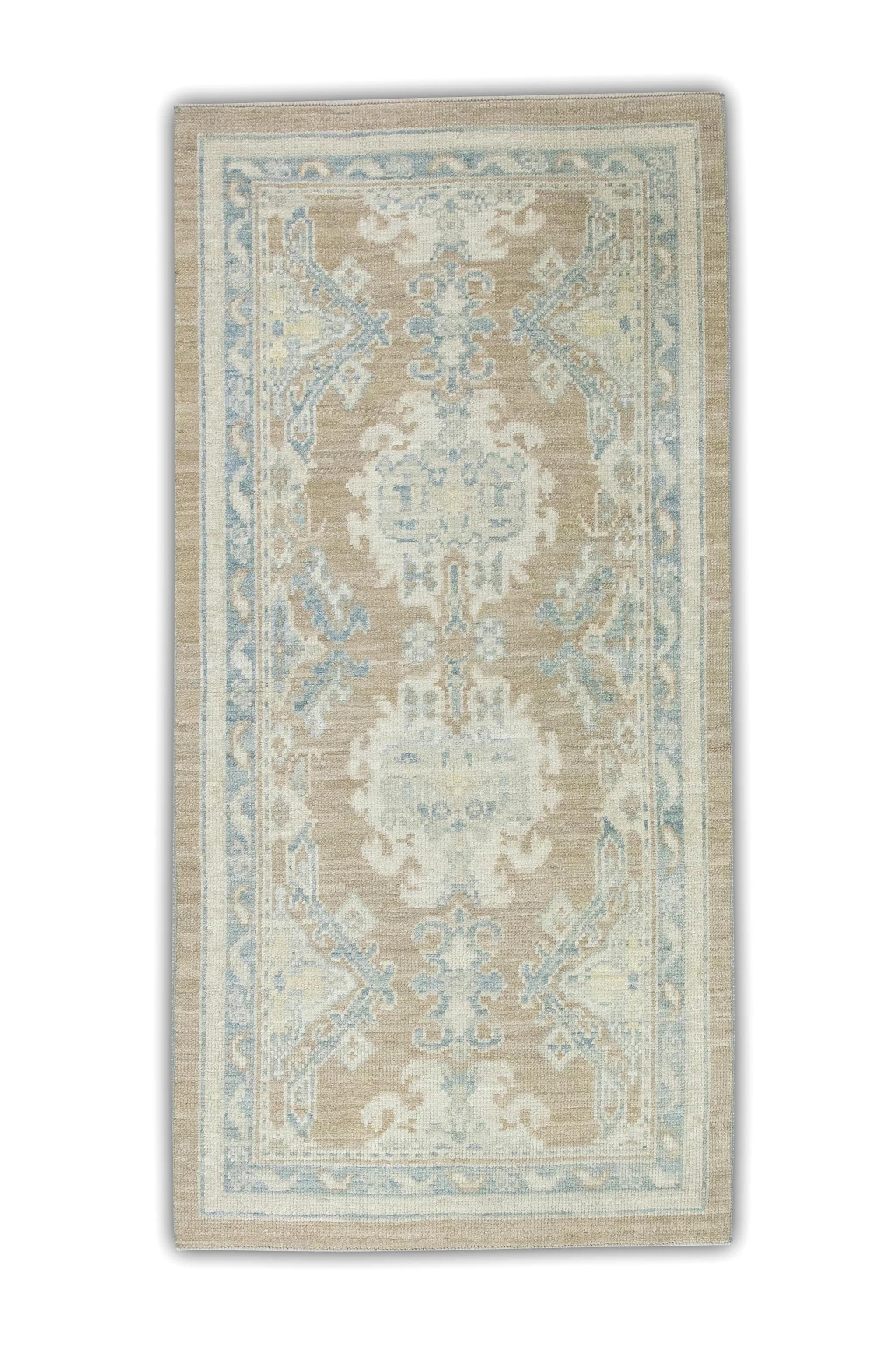 Wool Turkish Oushak Rug Brown & Blue Floral Handmade Rug 2'10