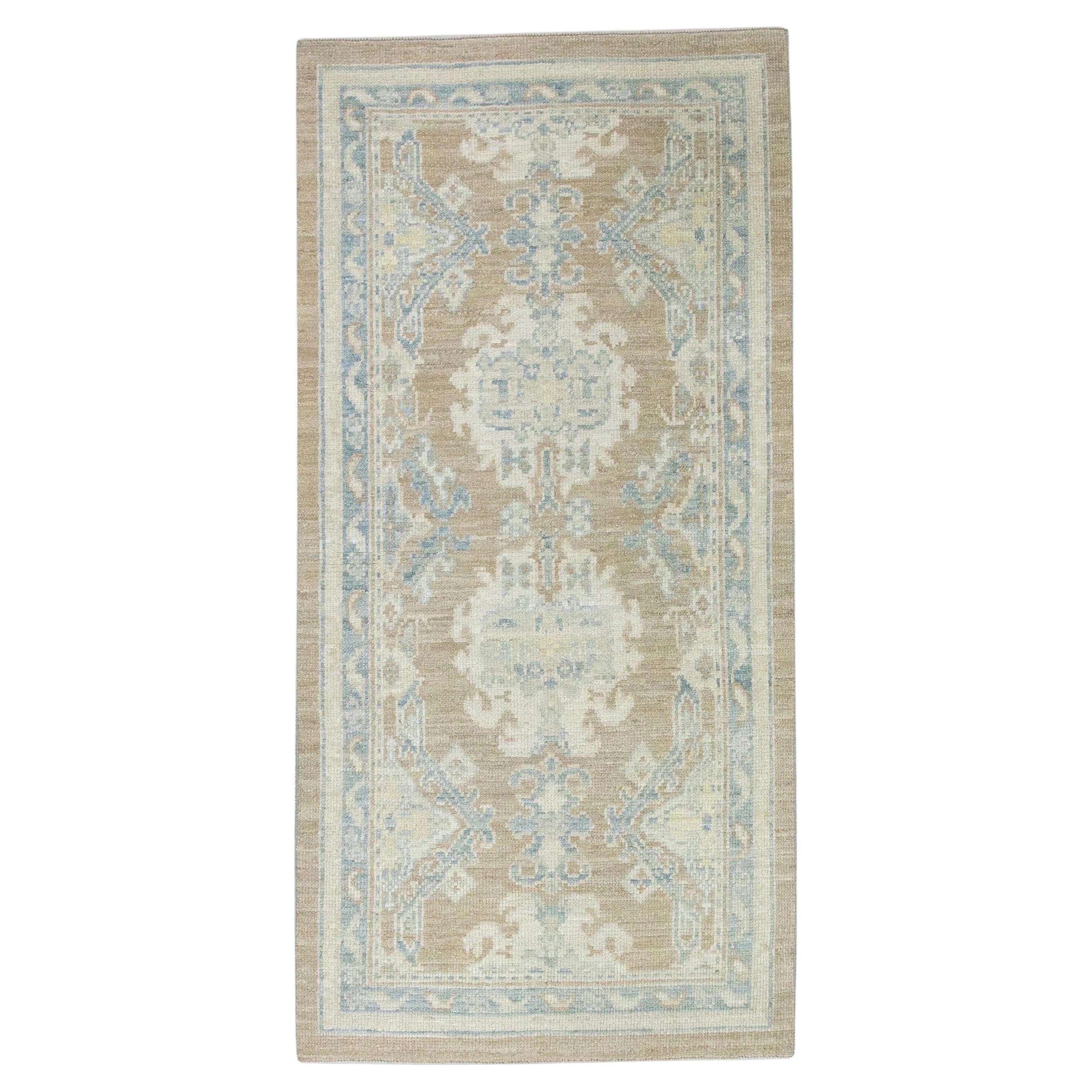 Turkish Oushak Rug Brown & Blue Floral Handmade Rug 2'10" x 5'8" For Sale