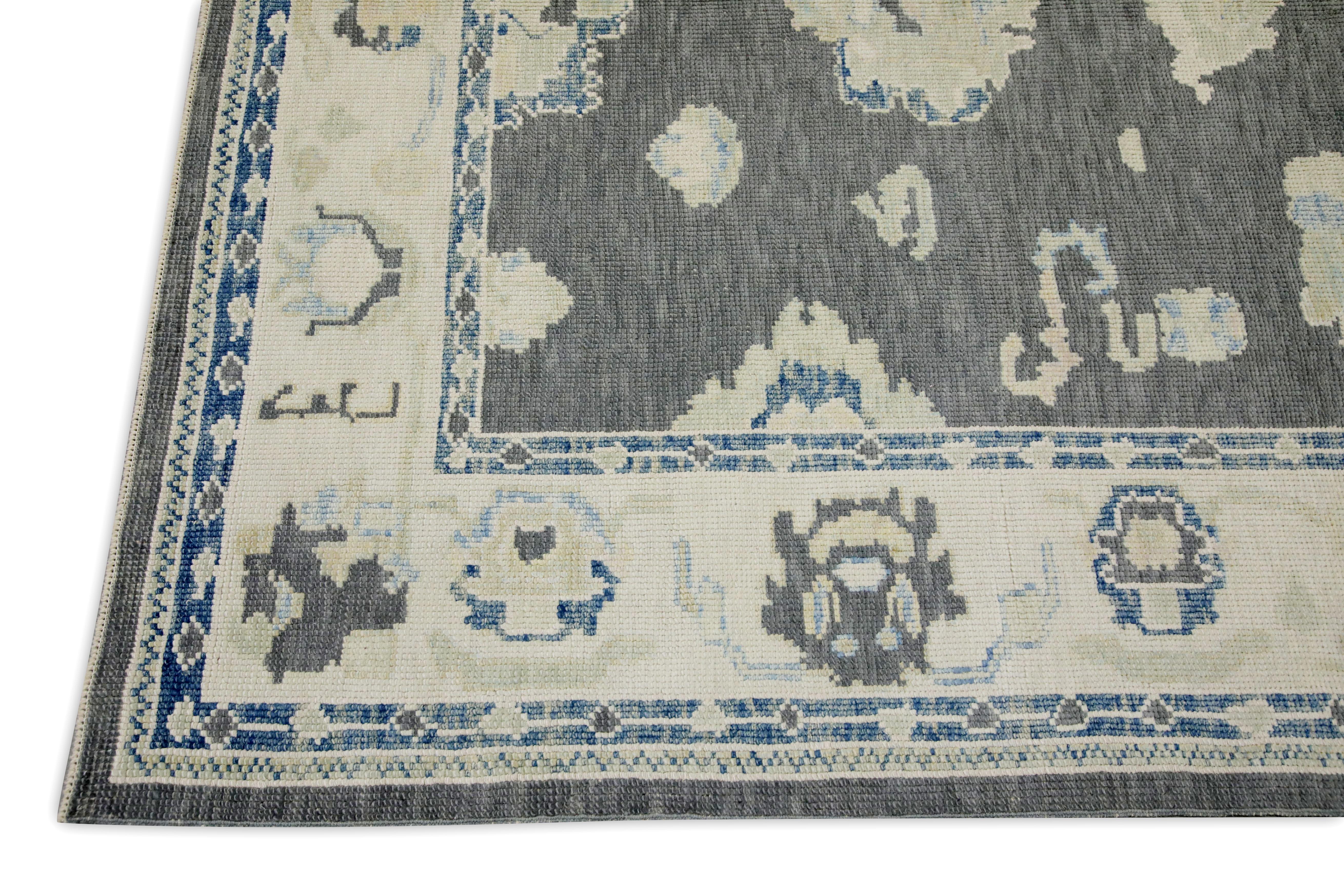Türkischer Oushak Teppich Holzkohle & Blau Handgewebter Wollteppich 5'10
