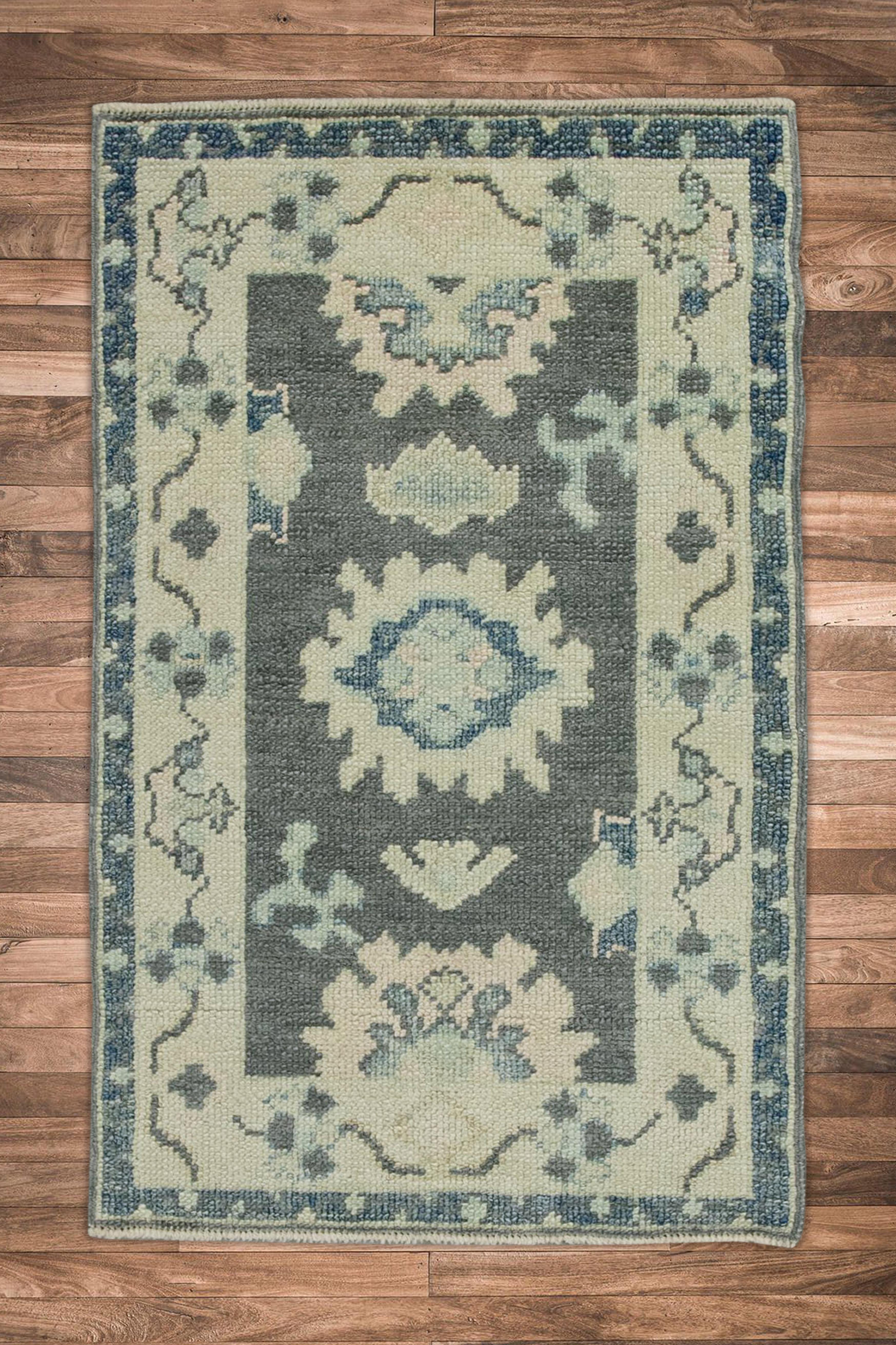 Contemporary Turkish Oushak Rug Charcoal, Cream & Blue Handwoven Wool Rug 1'11