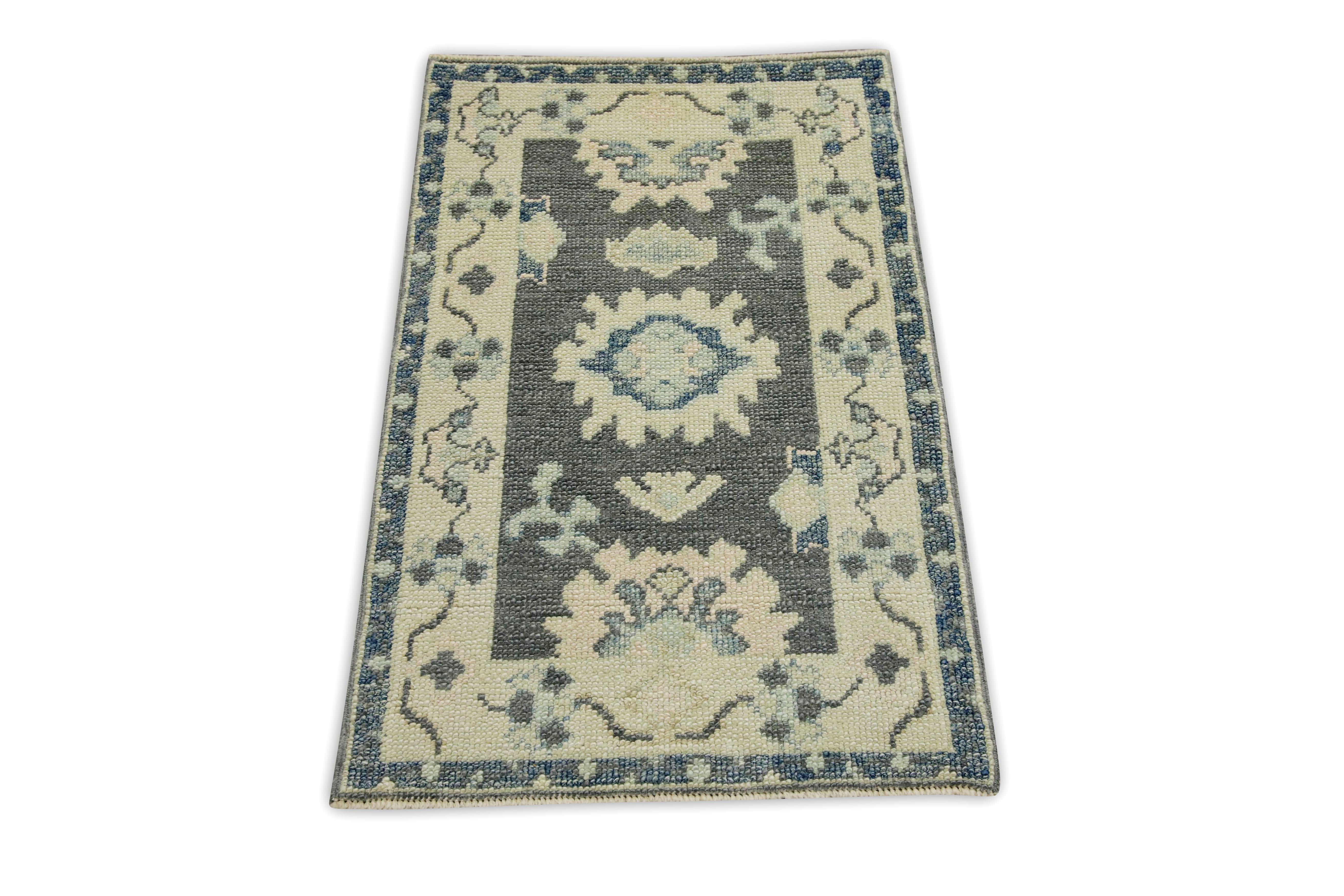 Turkish Oushak Rug Charcoal, Cream & Blue Handwoven Wool Rug 1'11