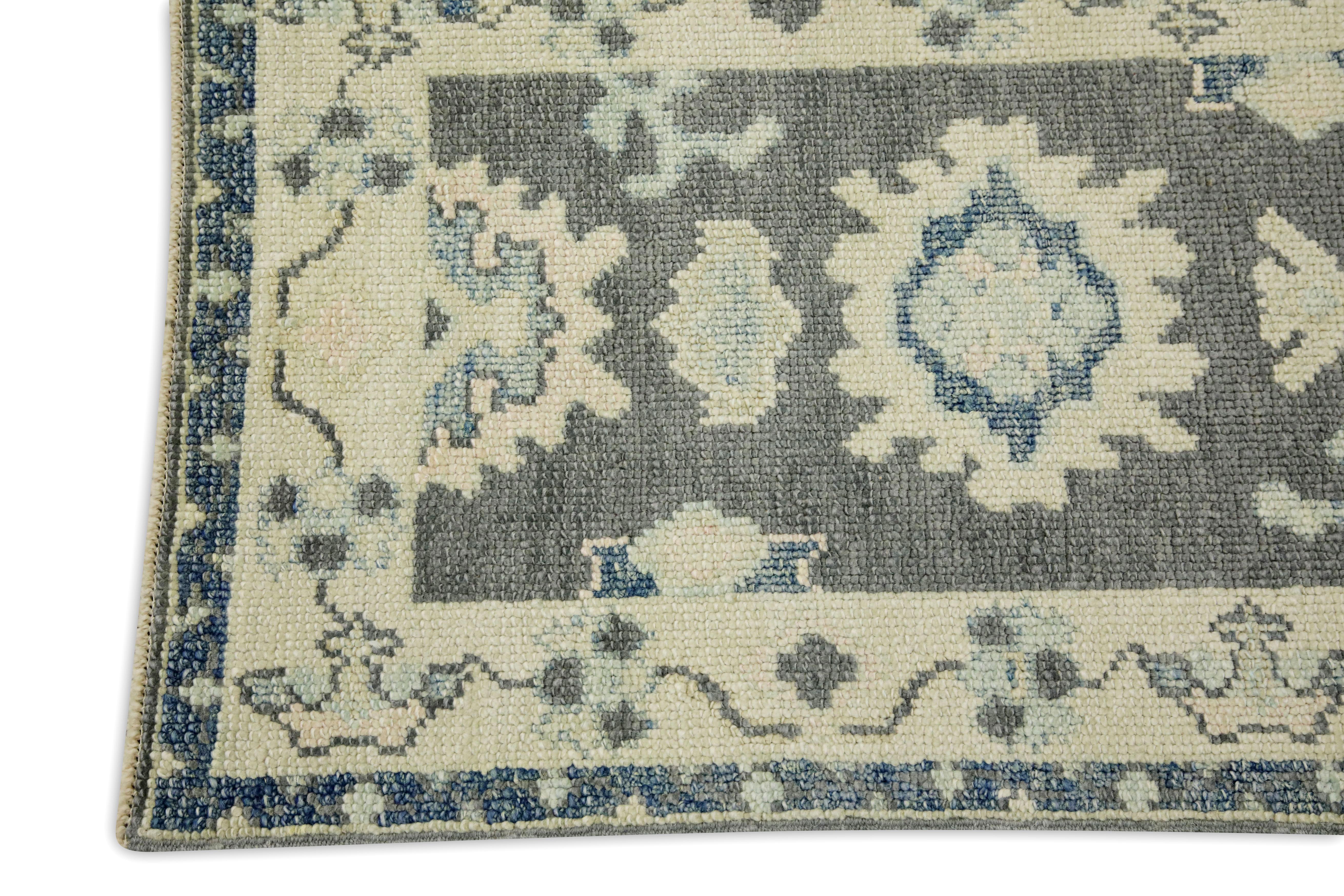Turkish Oushak Rug Charcoal, Cream & Blue Handwoven Wool Rug 1'11