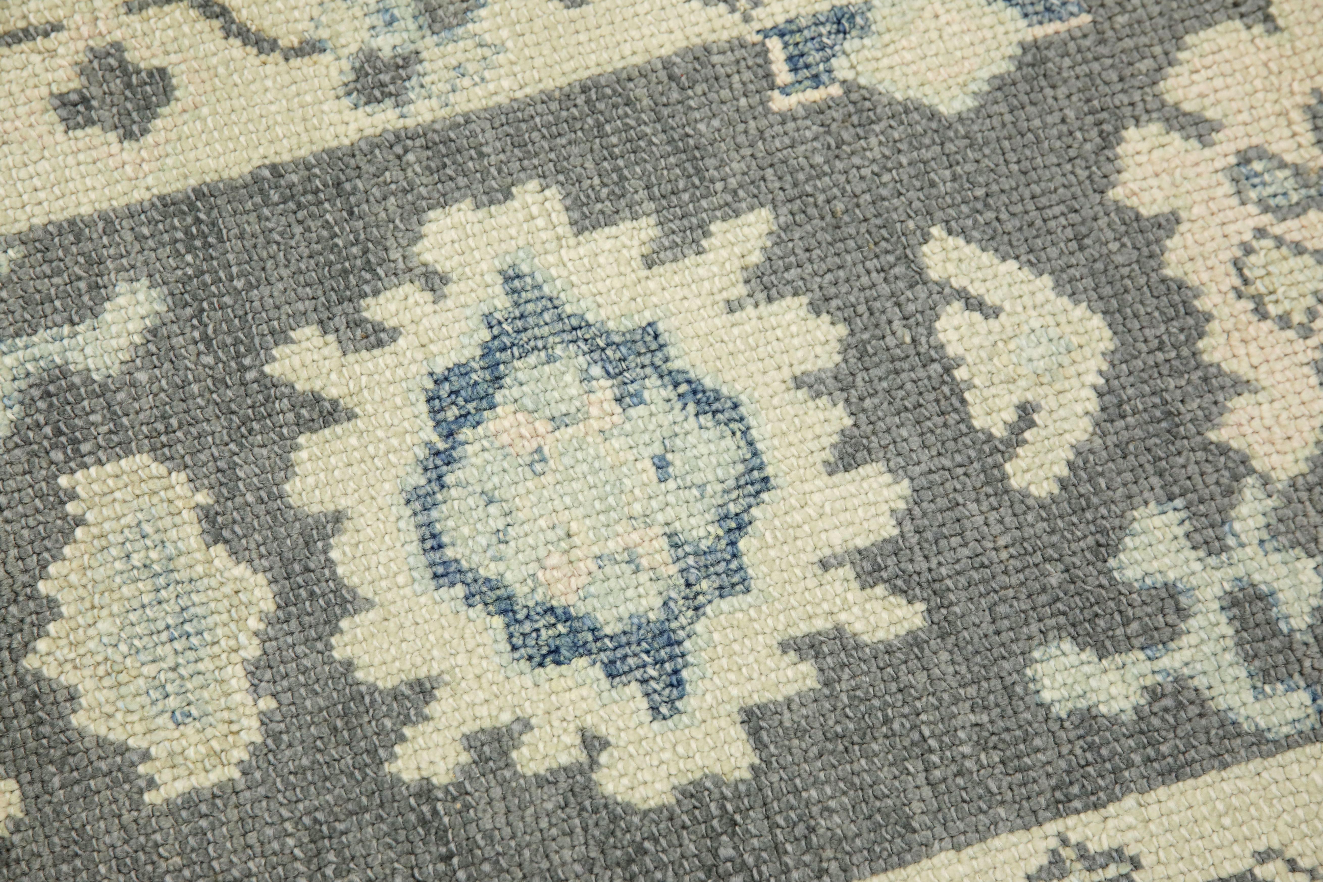 Turkish Oushak Rug Charcoal, Cream & Blue Handwoven Wool Rug 1'11